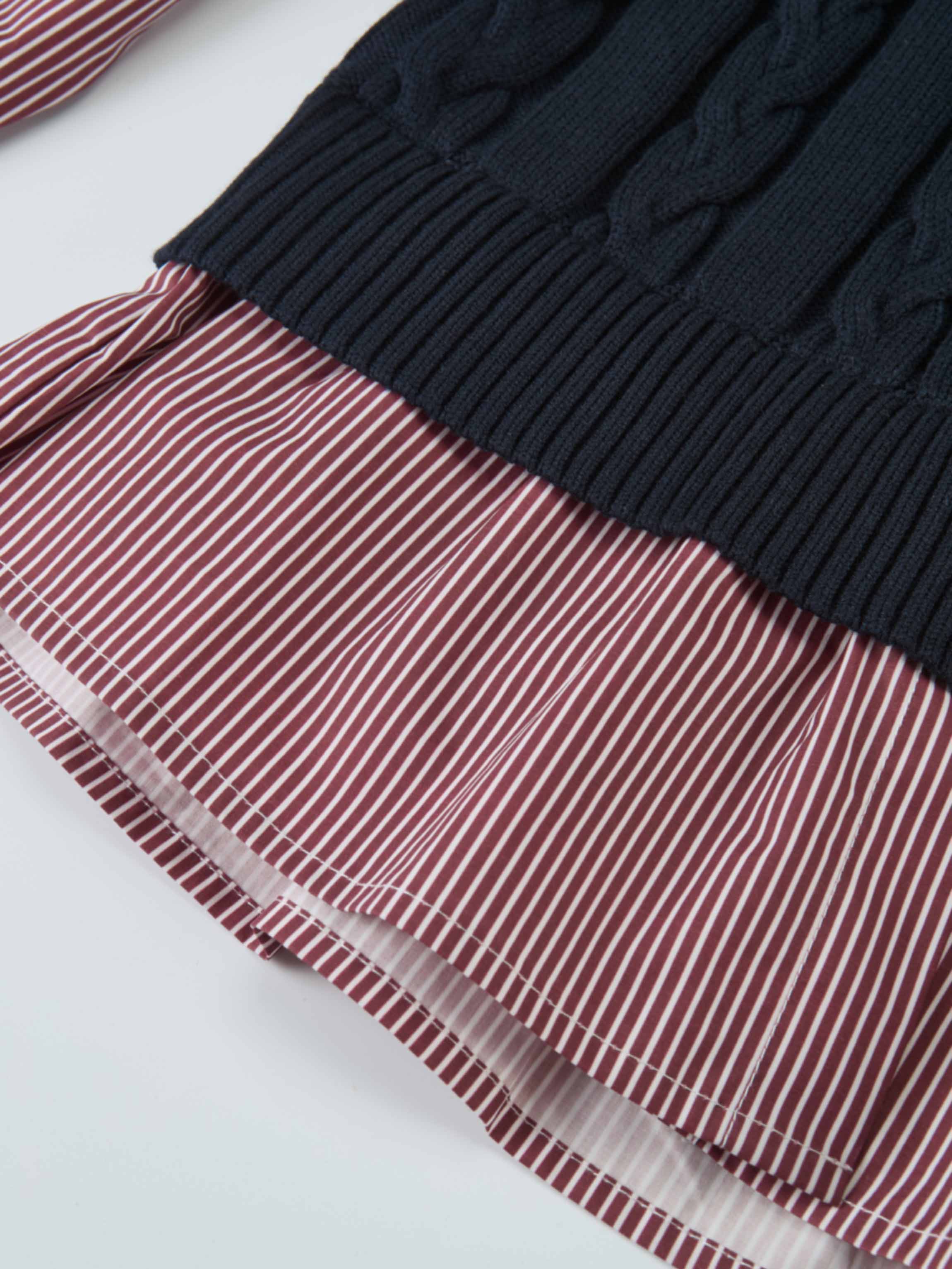 Striped Shirt Detail Sweater - Navy/Burgundy Stripe
