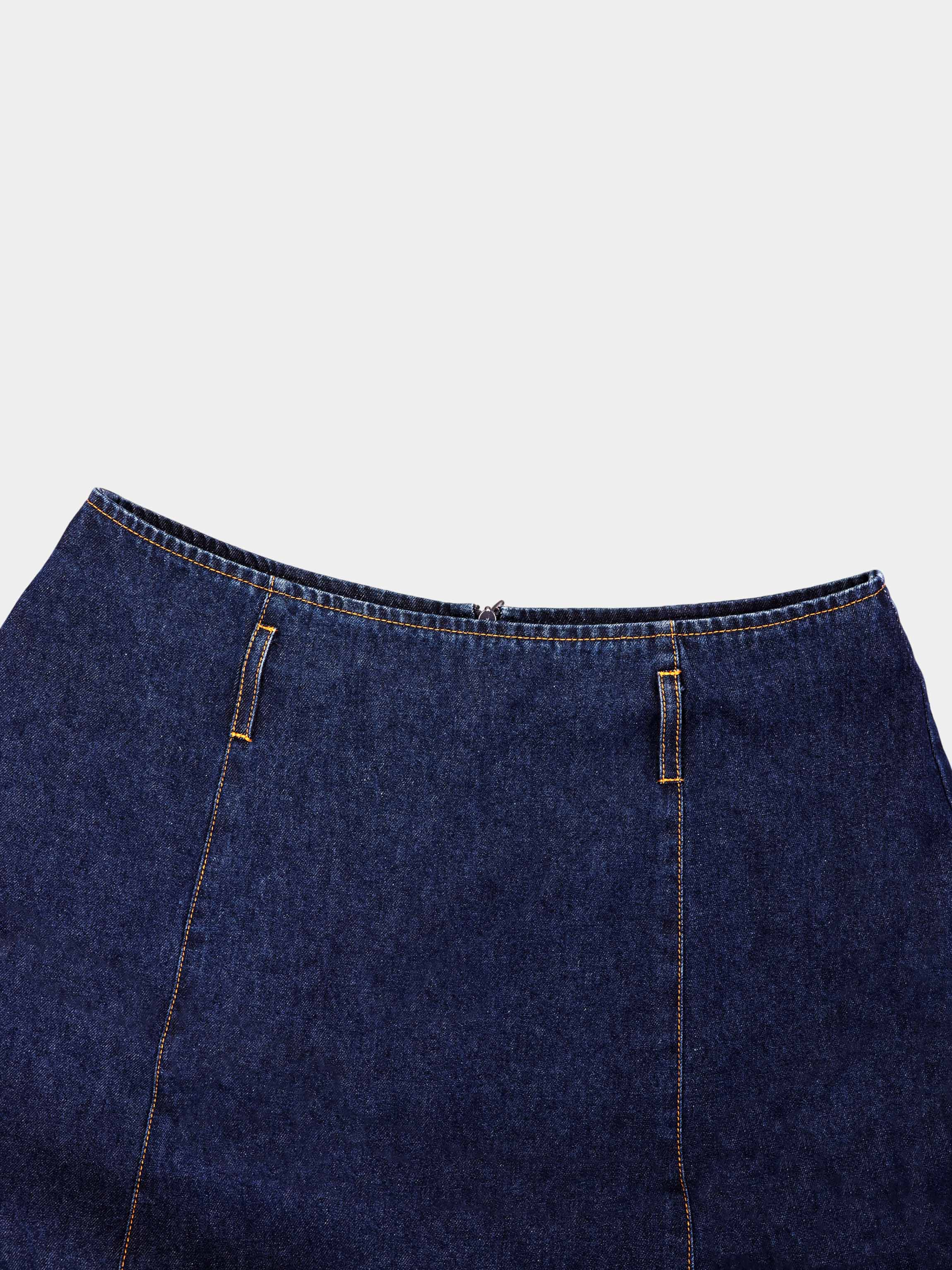 A-Line Seamed Denim Skirt-Blue