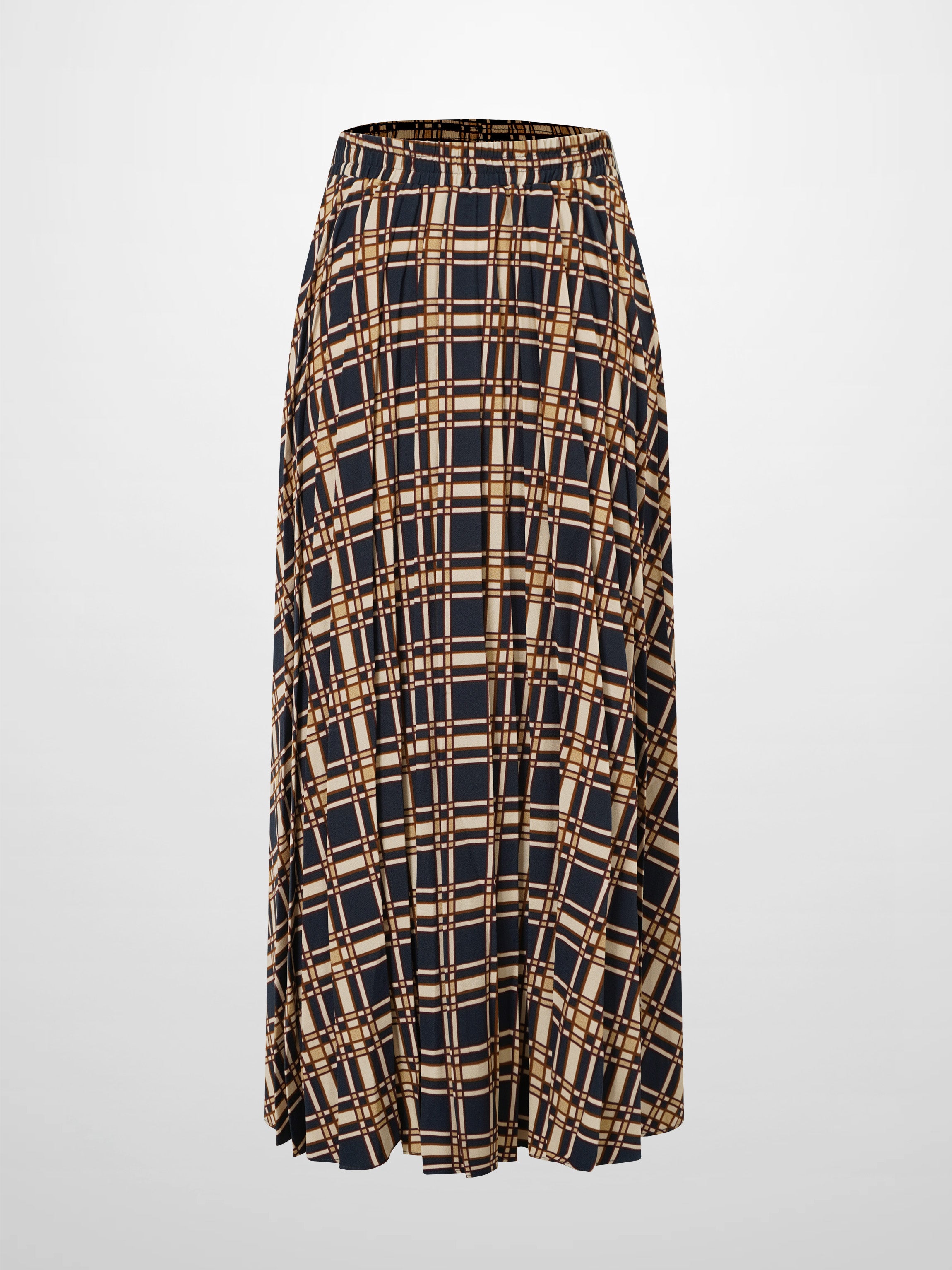 Covered Band Pleated Skirt-Navy Plaid