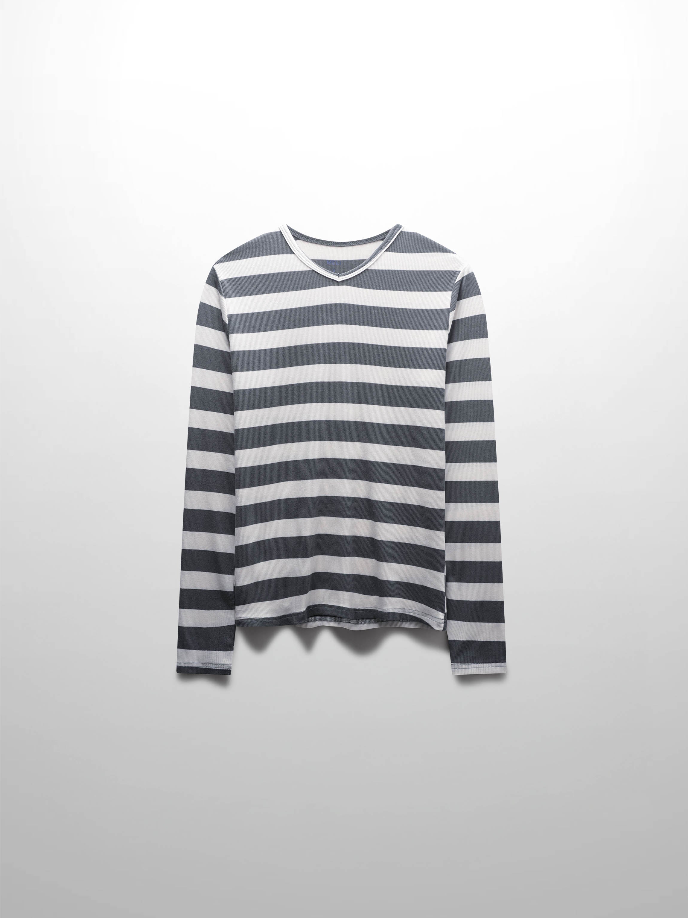 Ribbed Striped High V Tee Long Sleeve-Teal/Ivory