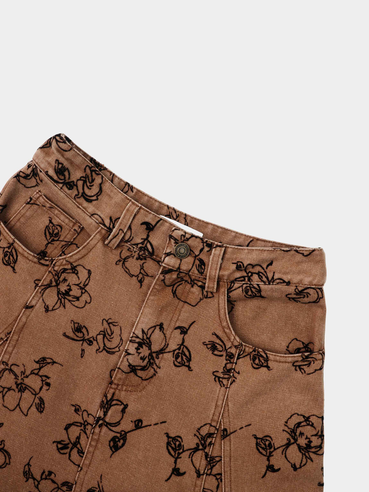Printed Denim Flare Skirt - Brown/Black Floral