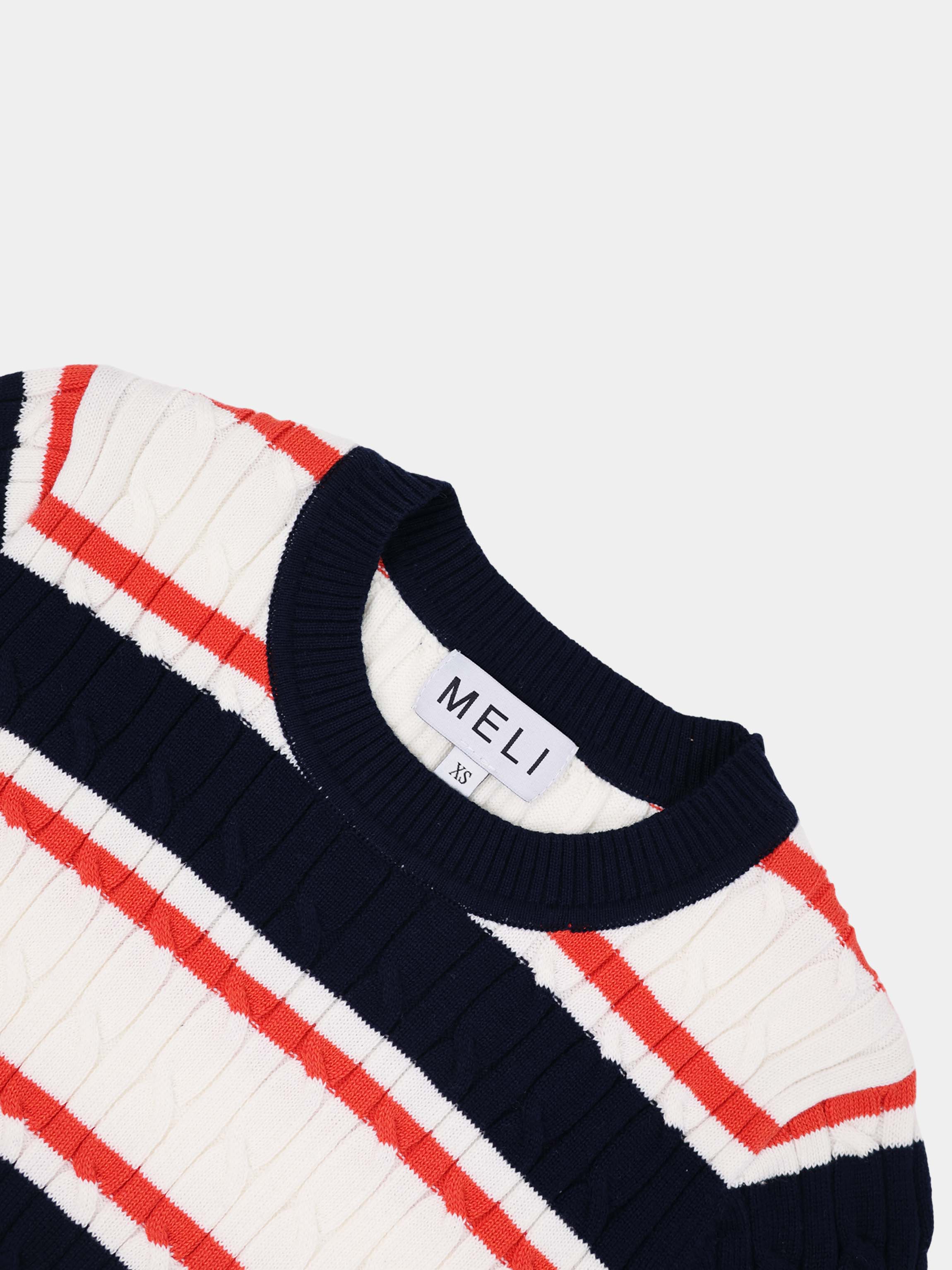 Striped Cable Sweater-Navy/White/Orange