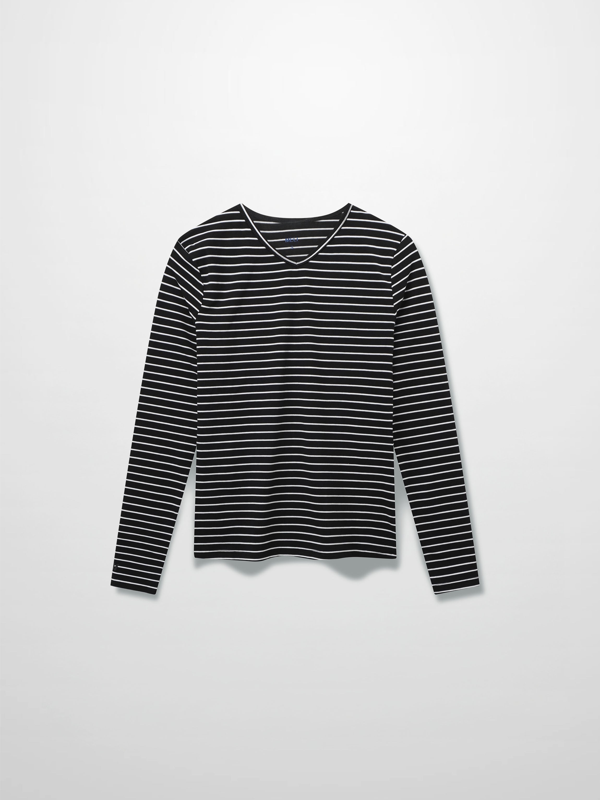 Flat Striped High V Long Sleeve-Black/White