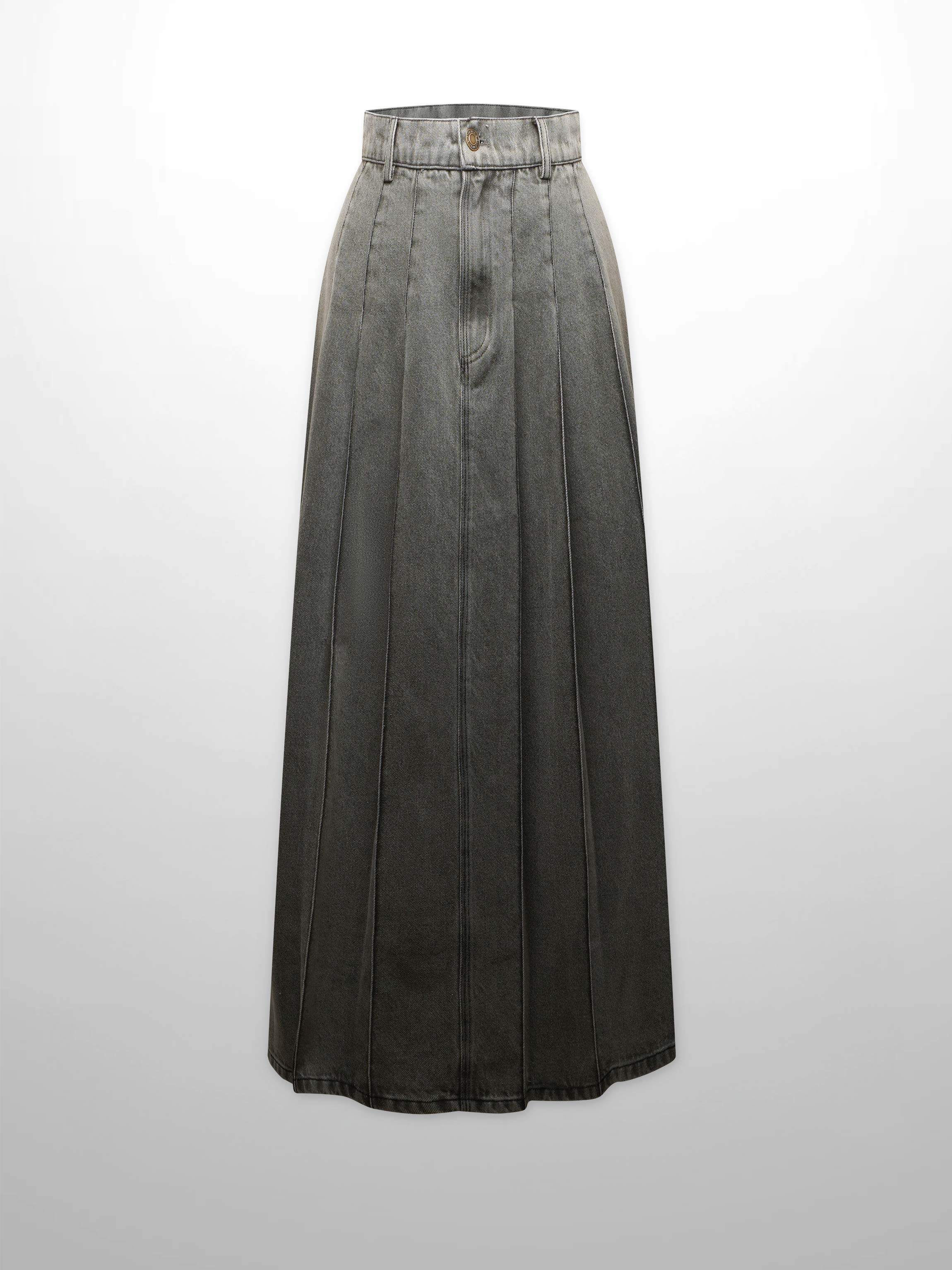 Stitched Pleated Denim Skirt-Grey