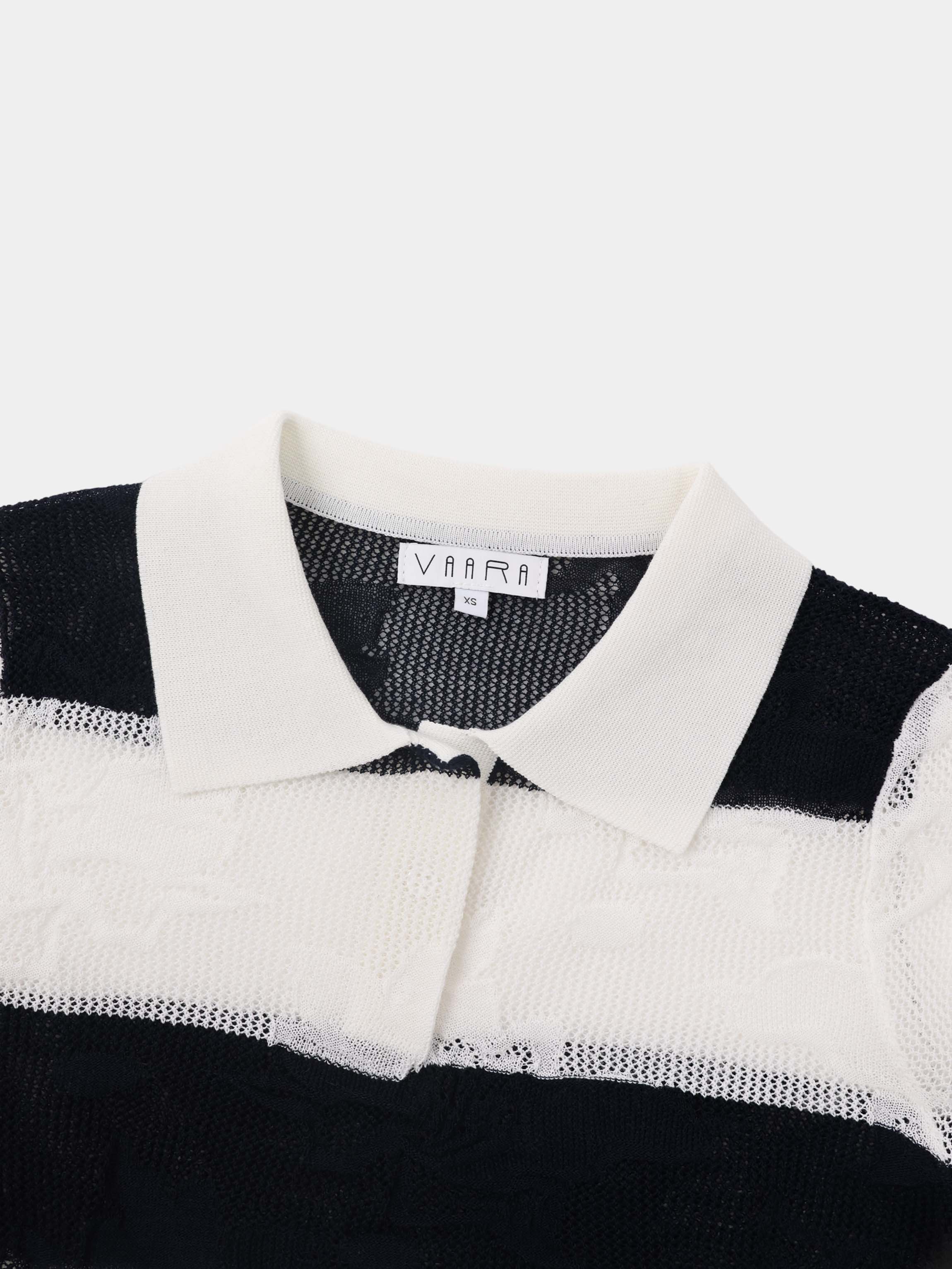 Mesh Floral Polo Top-Black/White Stripe