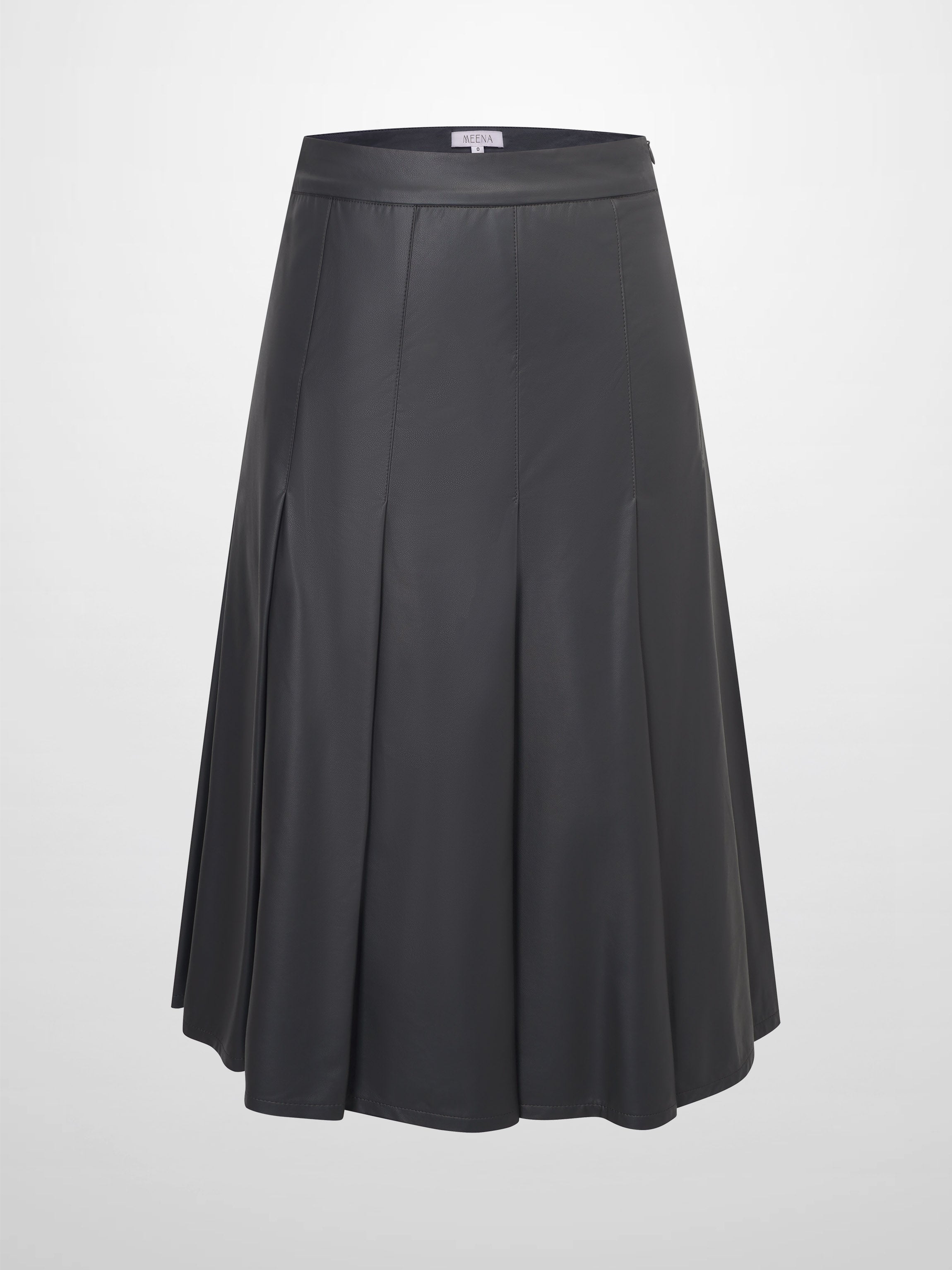 Faux Leather Stitch Down Pleated Skirt-Grey