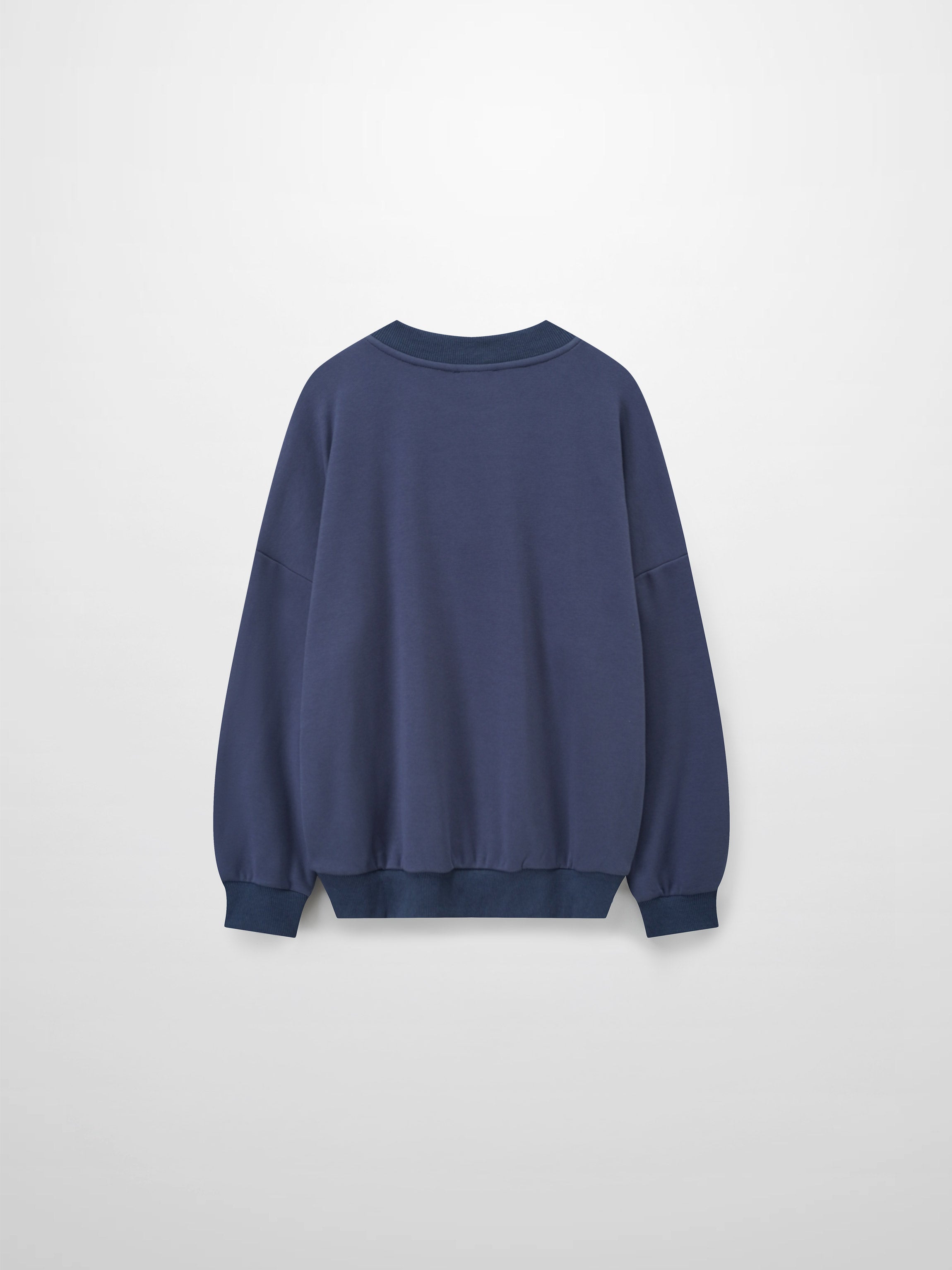 A full, back view of the dusty-blue sweatshirt. The image shows the plain back of the garment, along with its ribbed collar, cuffs, and bottom hem.