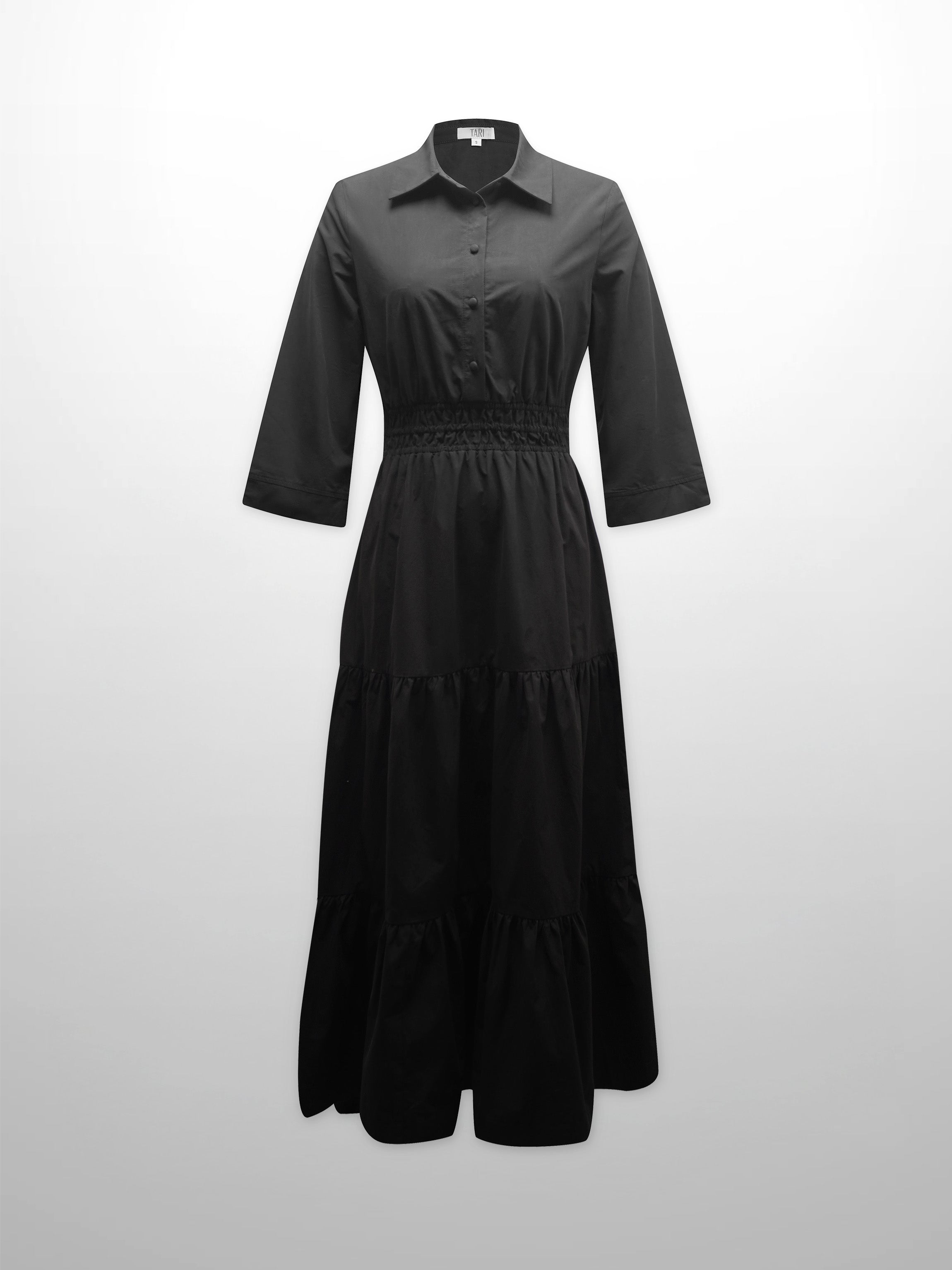 Elastic Waist Tiered Shirtdress-Black