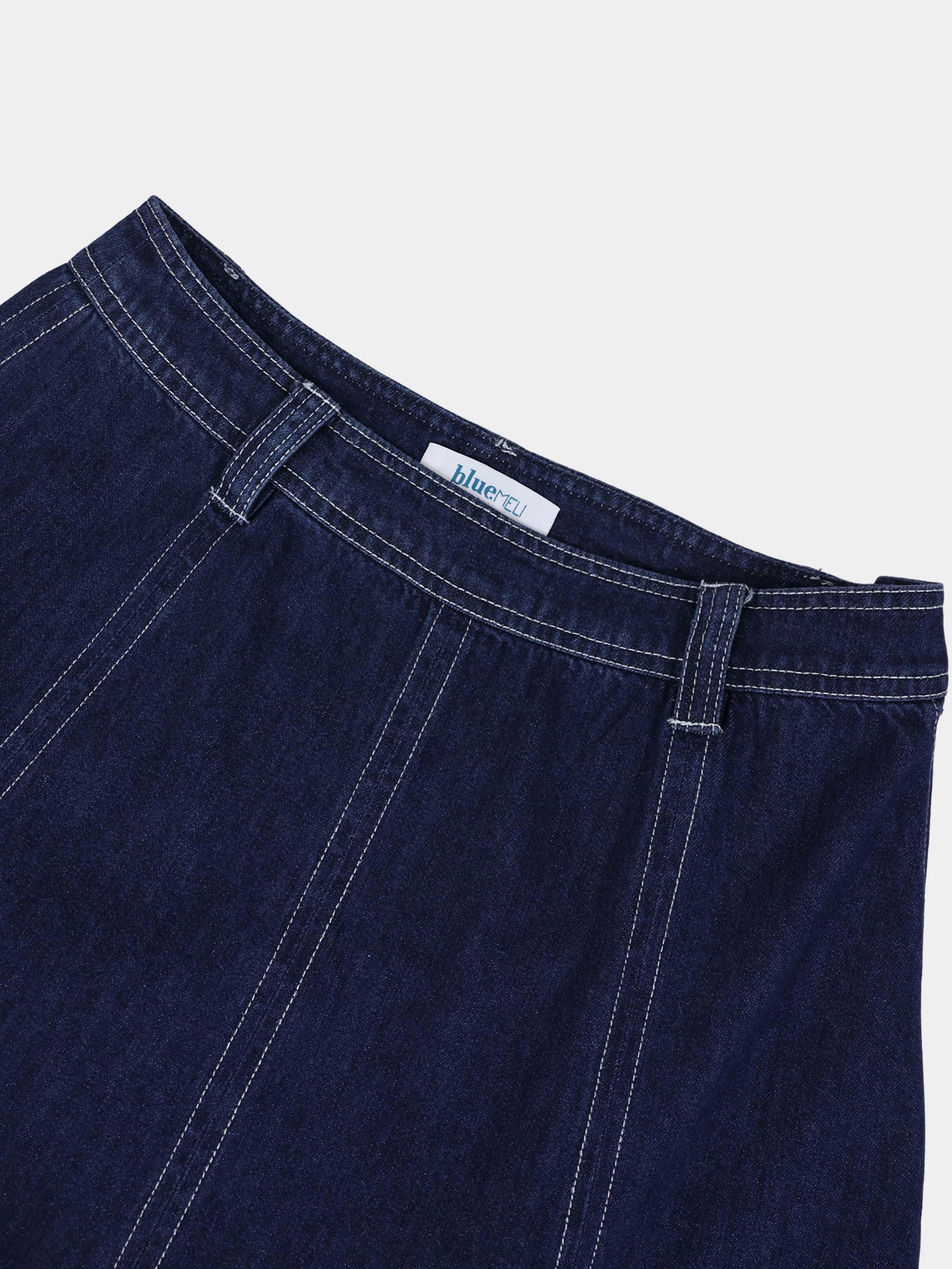 Seamed Bottom Stitched Denim Skirt-Dark Blue