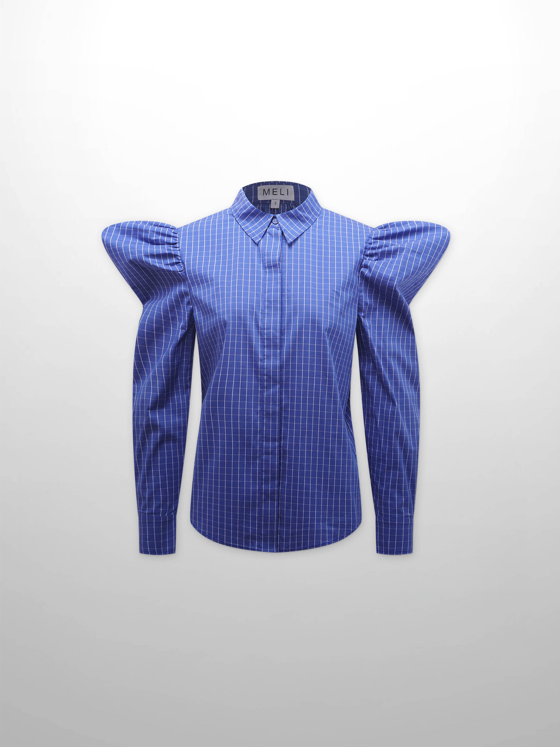 Puff Sleeve Blouse-Cobalt Windowpane