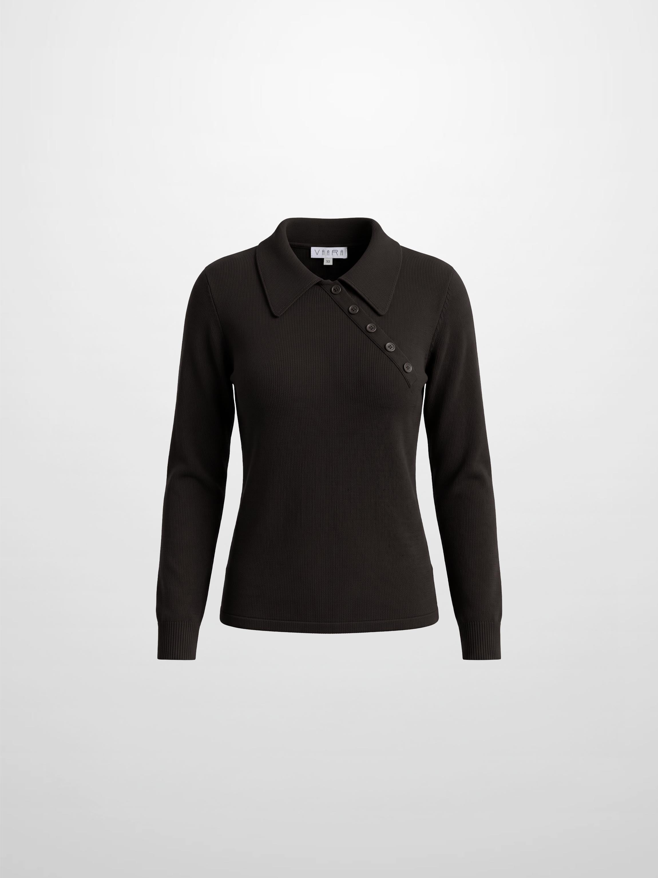 Asymmetrical Button Collar Sweater - Chocolate Brown