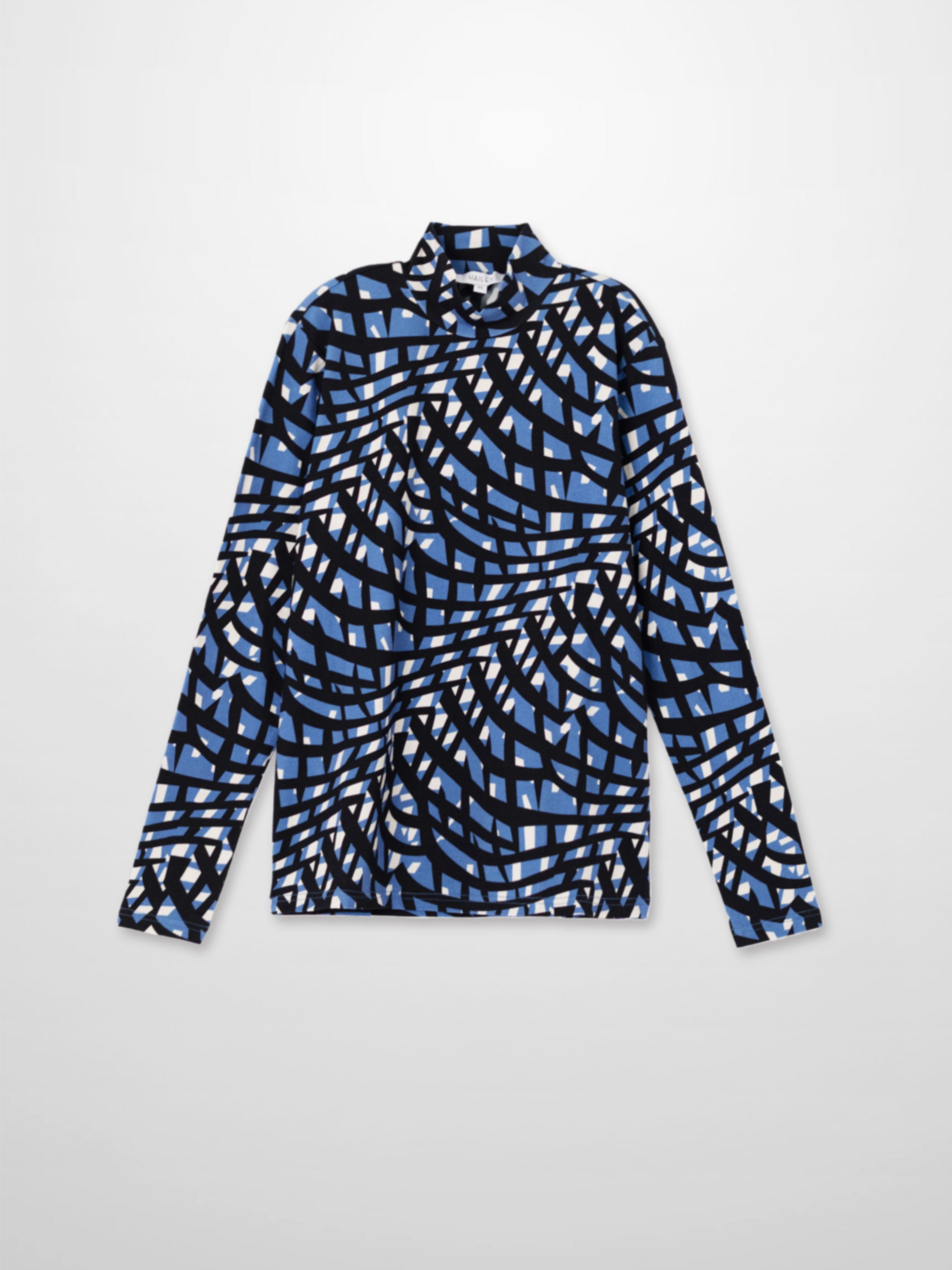 Boxy Printed Modal Turtleneck-Blue Geometric