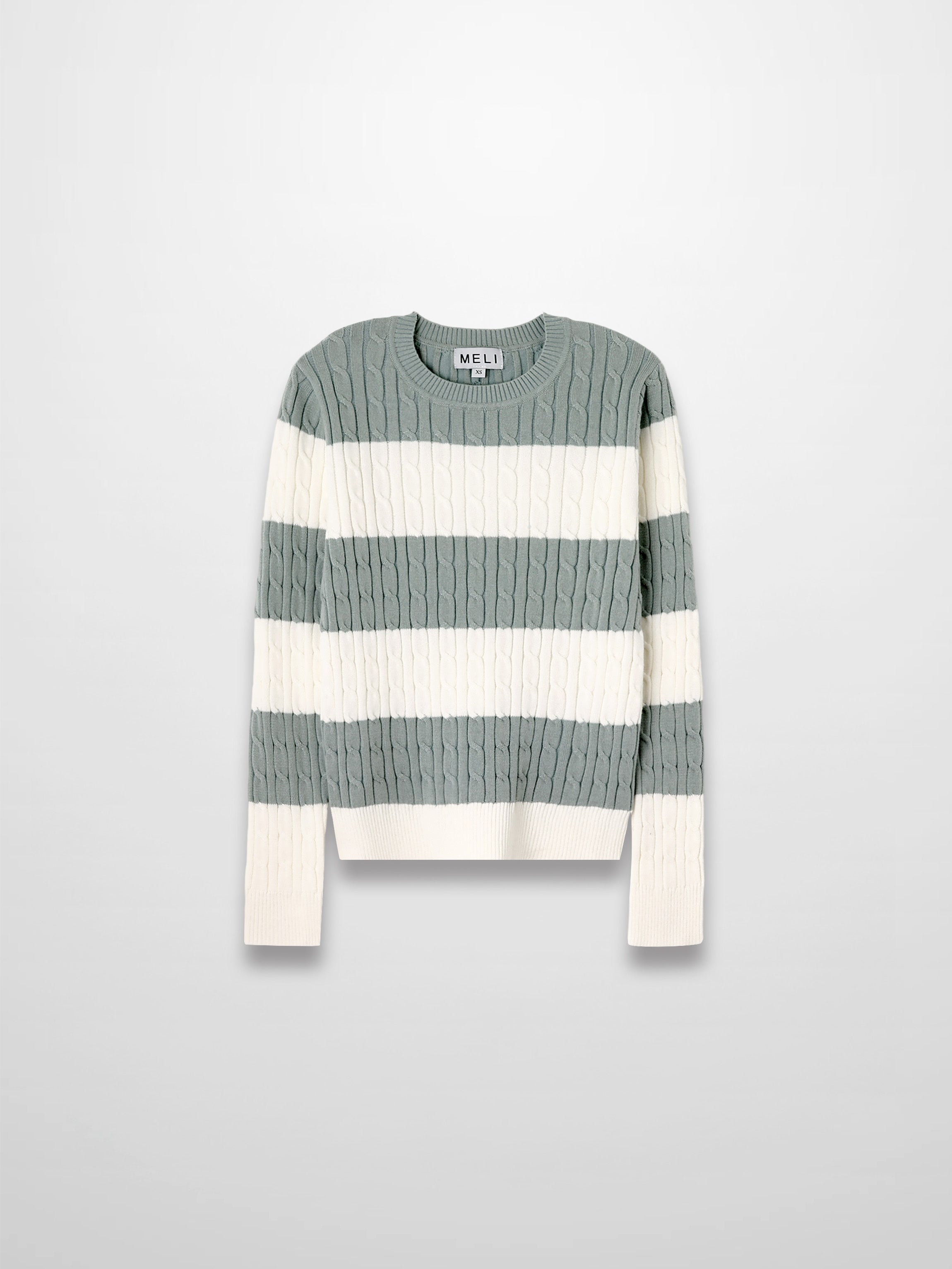 Striped Cable Sweater-Dusty Mint/White