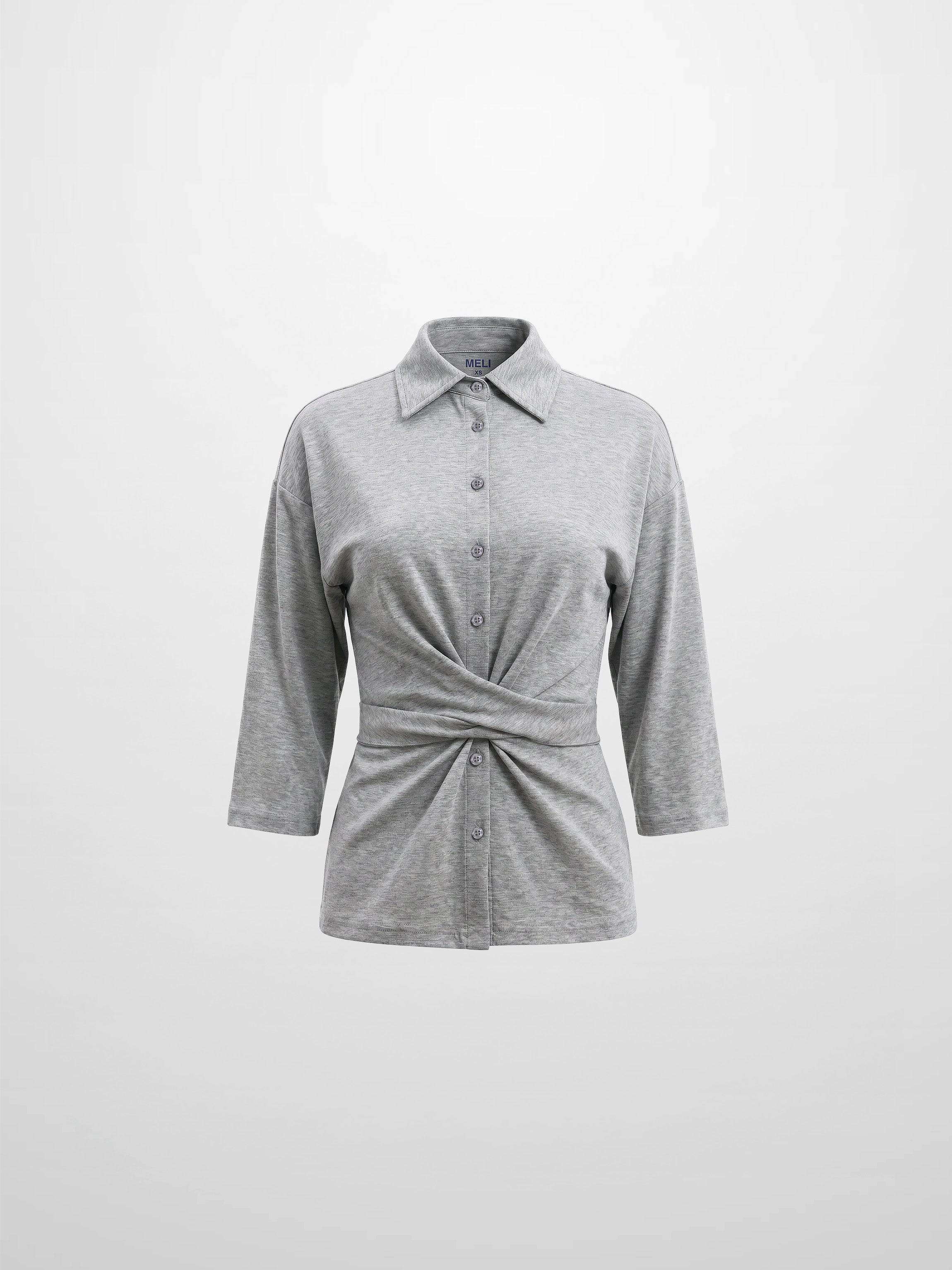 Waist Tie Button Down T-Shirt-Heather Grey