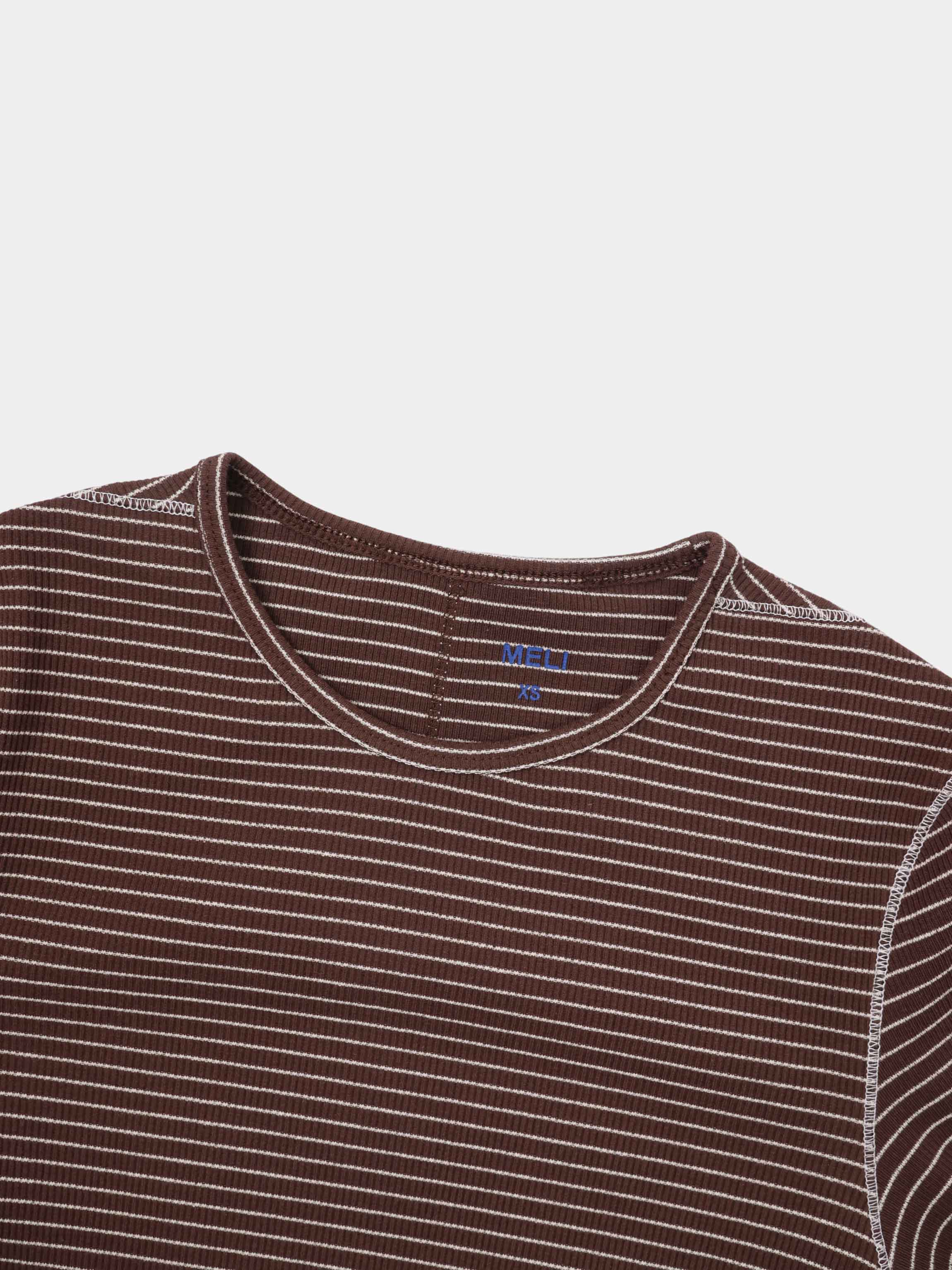 Striped Cross Stitch T-Shirt-Brown