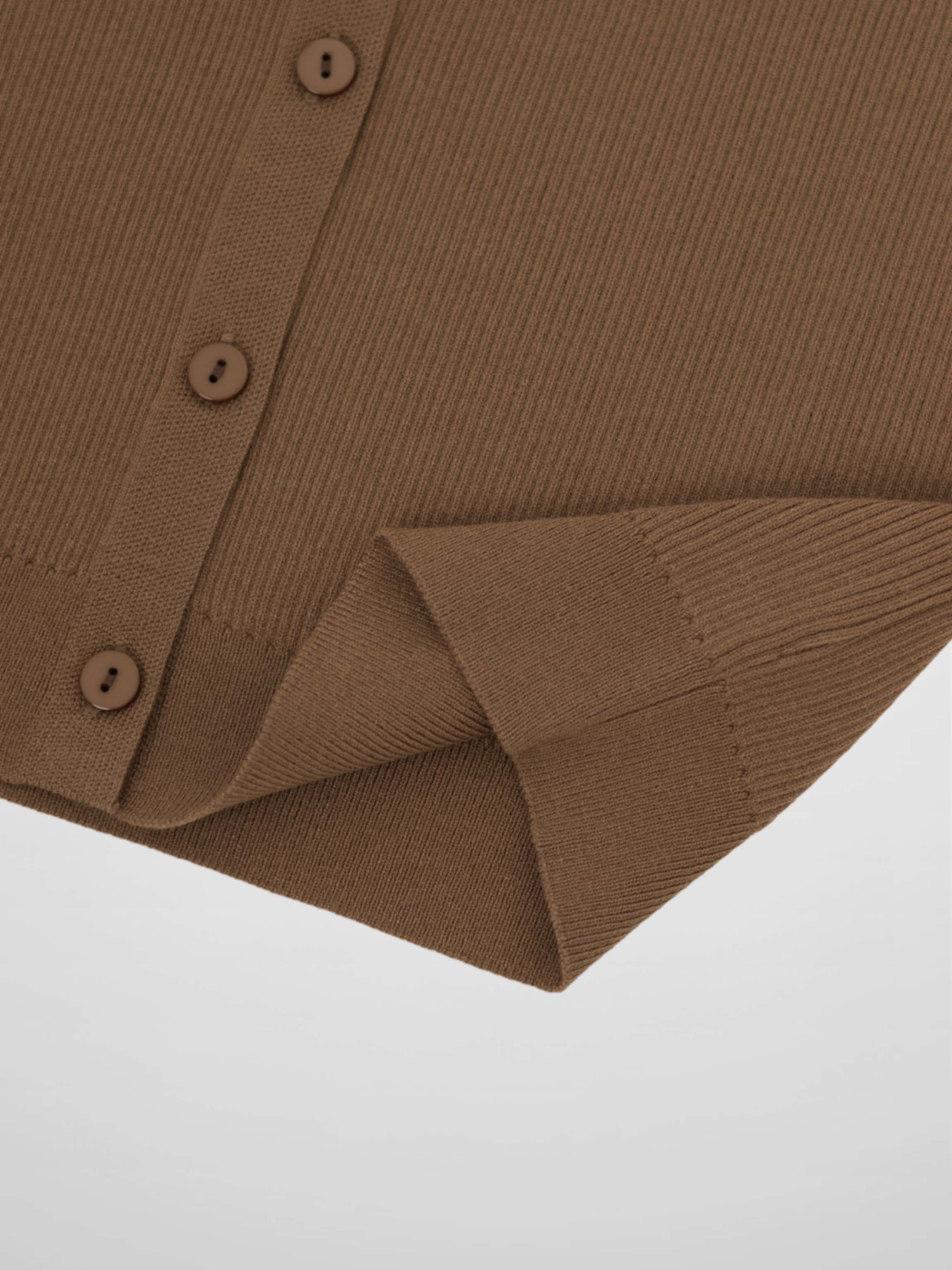 Ribbed Crew Neck Cardigan-Mocha Mousse