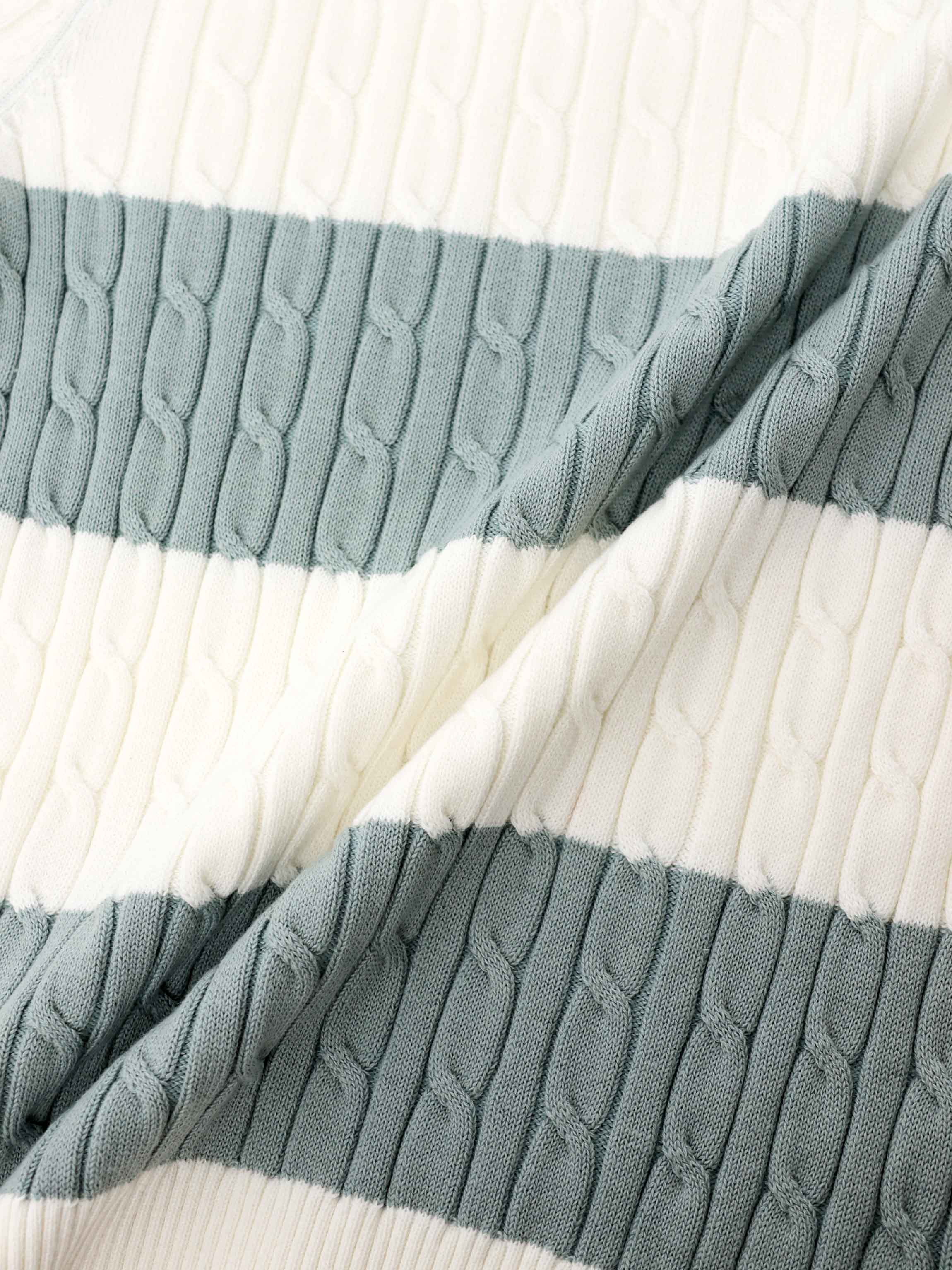 Striped Cable Sweater-Dusty Mint/White