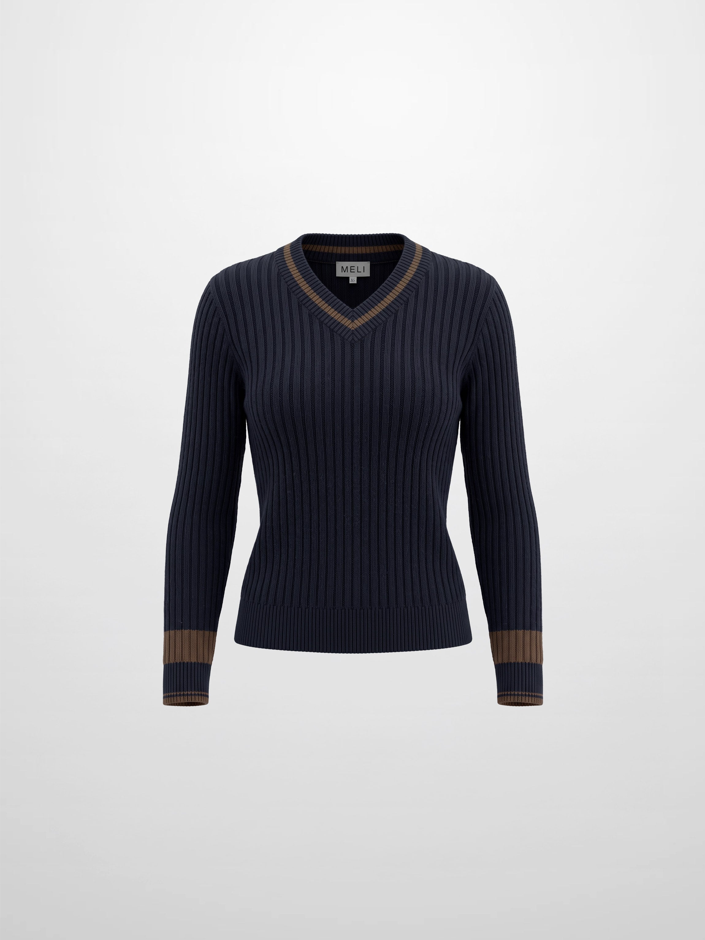 High V Waffle Sweater - Navy/Brown
