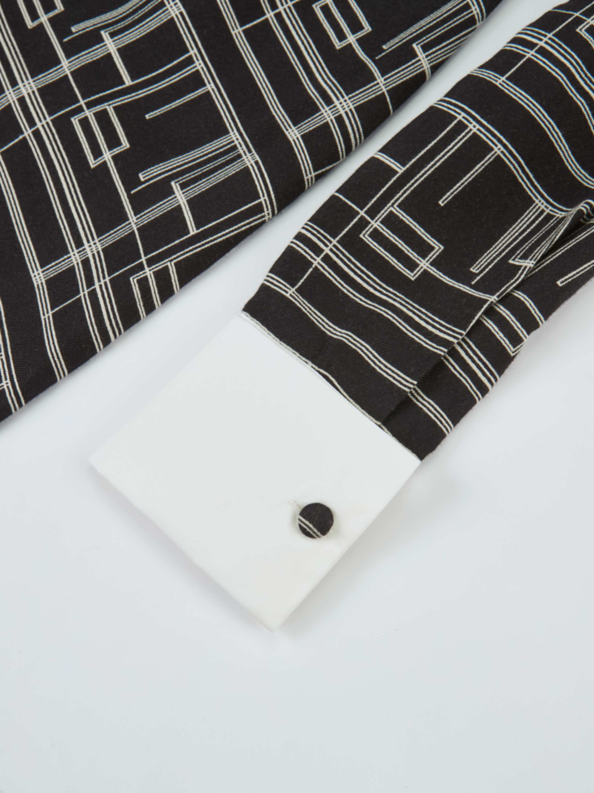 Collared Ruched Back Long Sleeve Shirtdress - Black Geometric