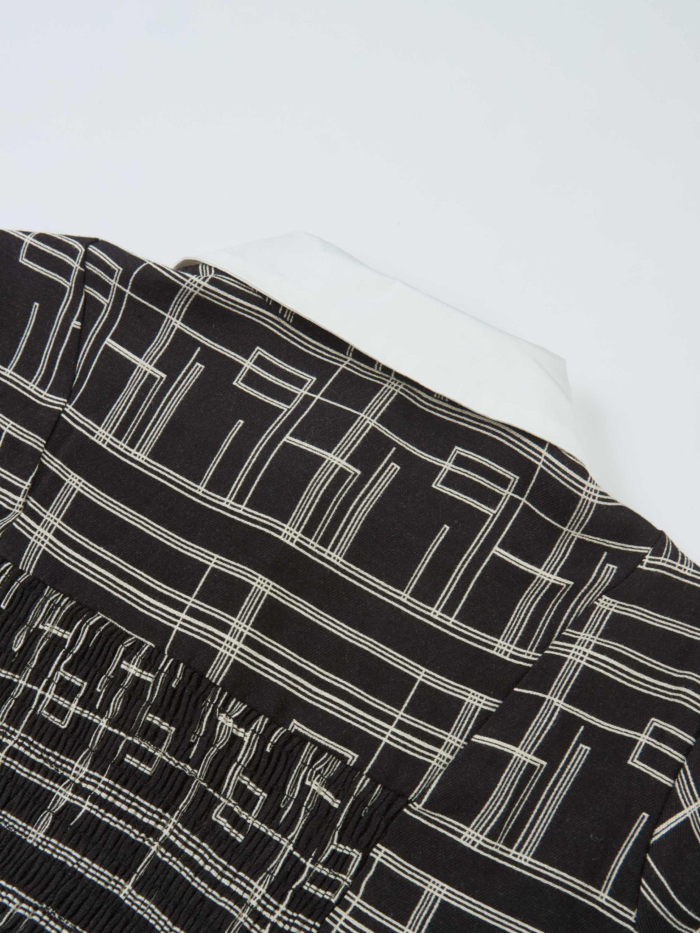 Collared Ruched Back Long Sleeve Shirtdress - Black Geometric