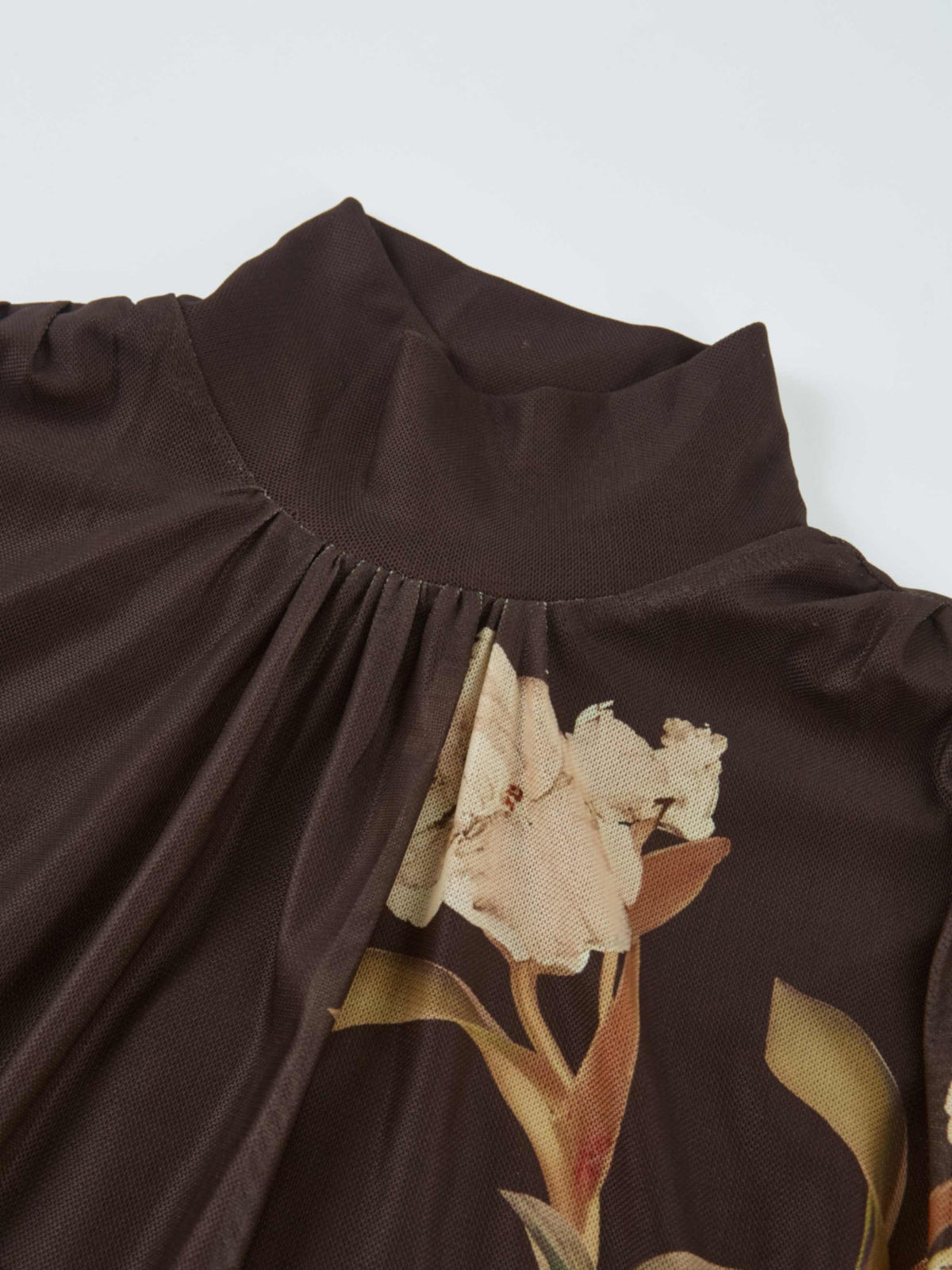 High Neck Mesh Printed Top - Brown Floral