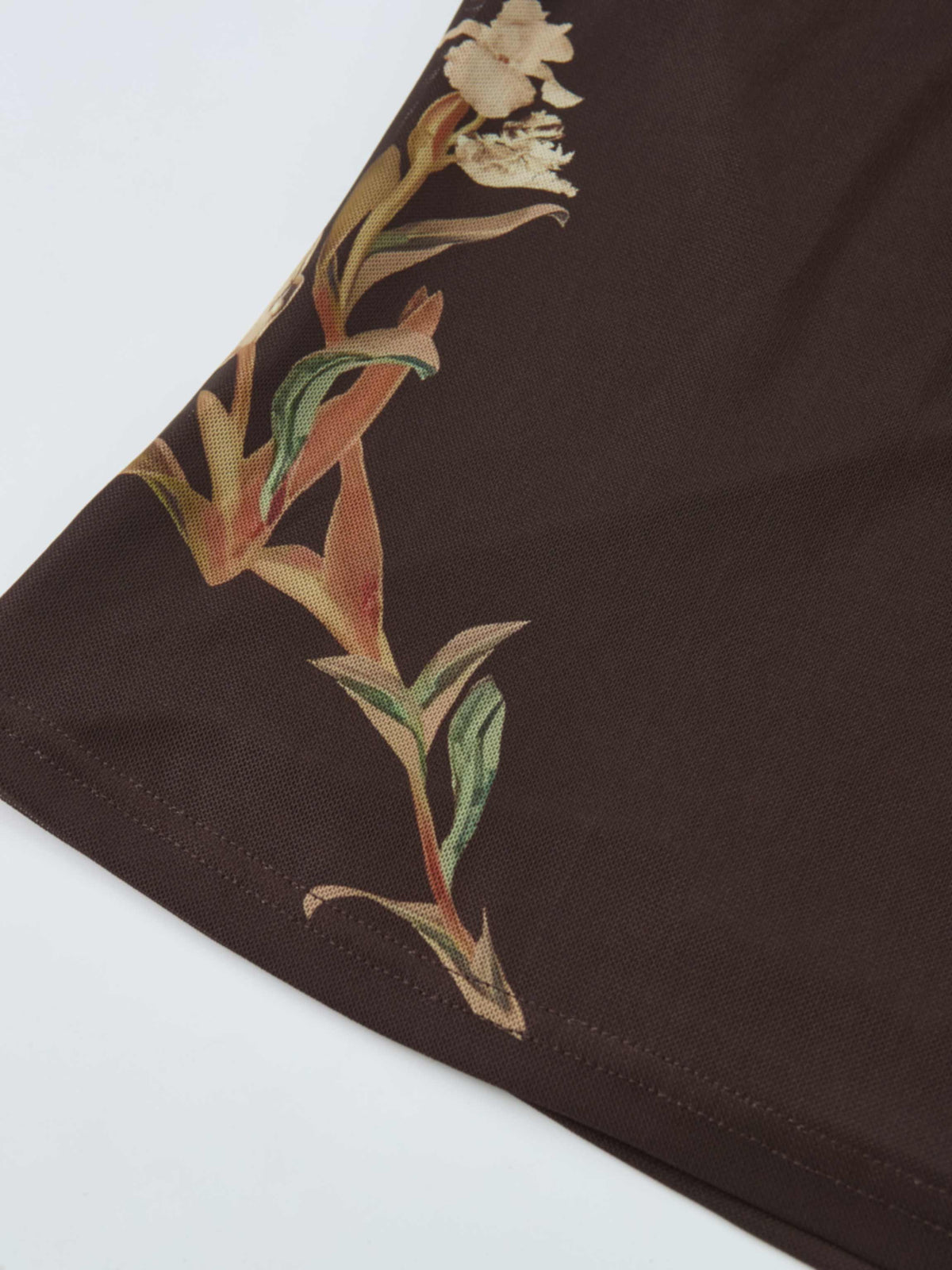 High Neck Mesh Printed Top - Brown Floral