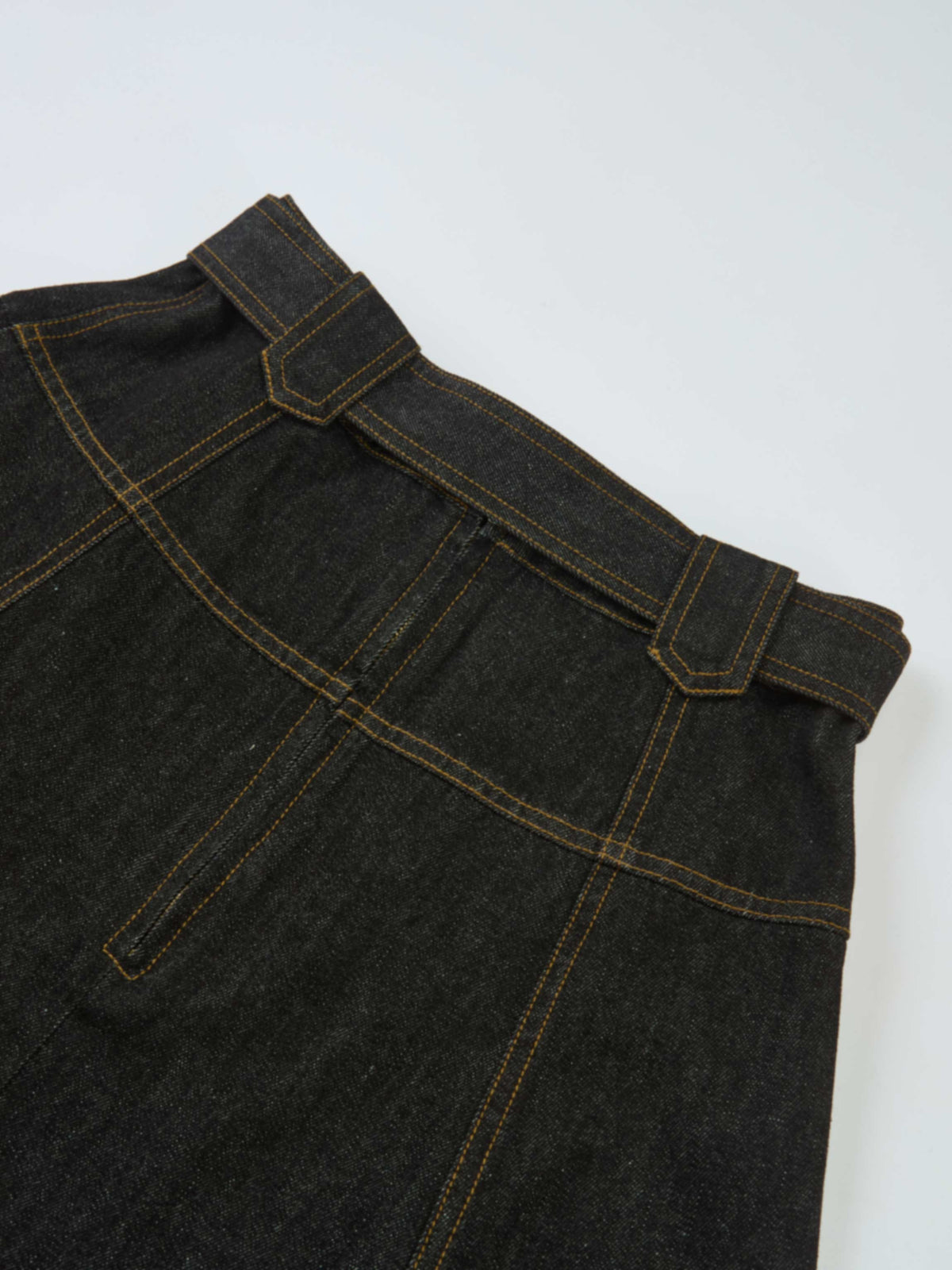 Belted Full Denim Skirt - Black