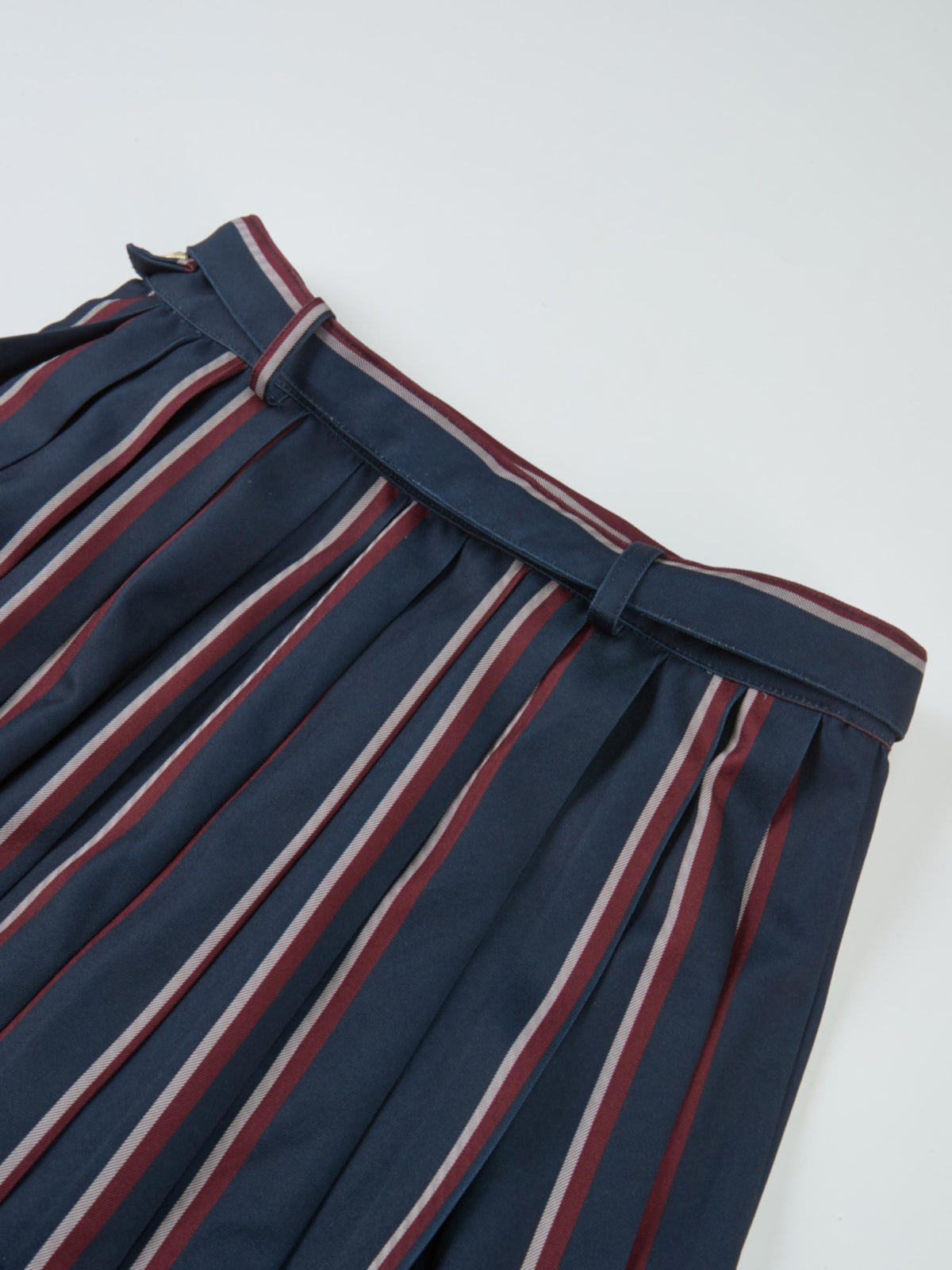 Pleated Waist Belted Skirt - Navy Stripe