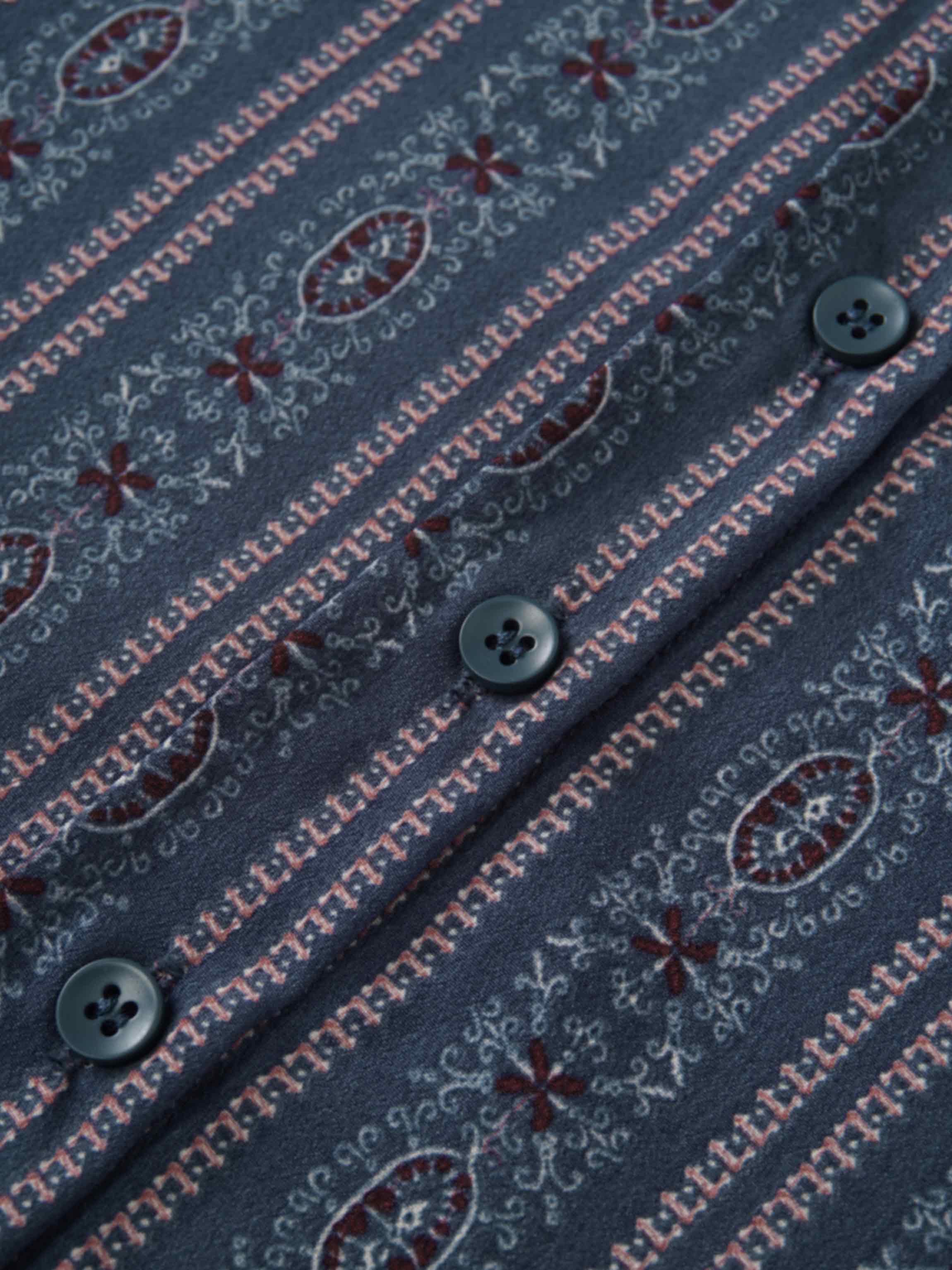 Button Down Flower Print Blouse-Blue Striped Medallion