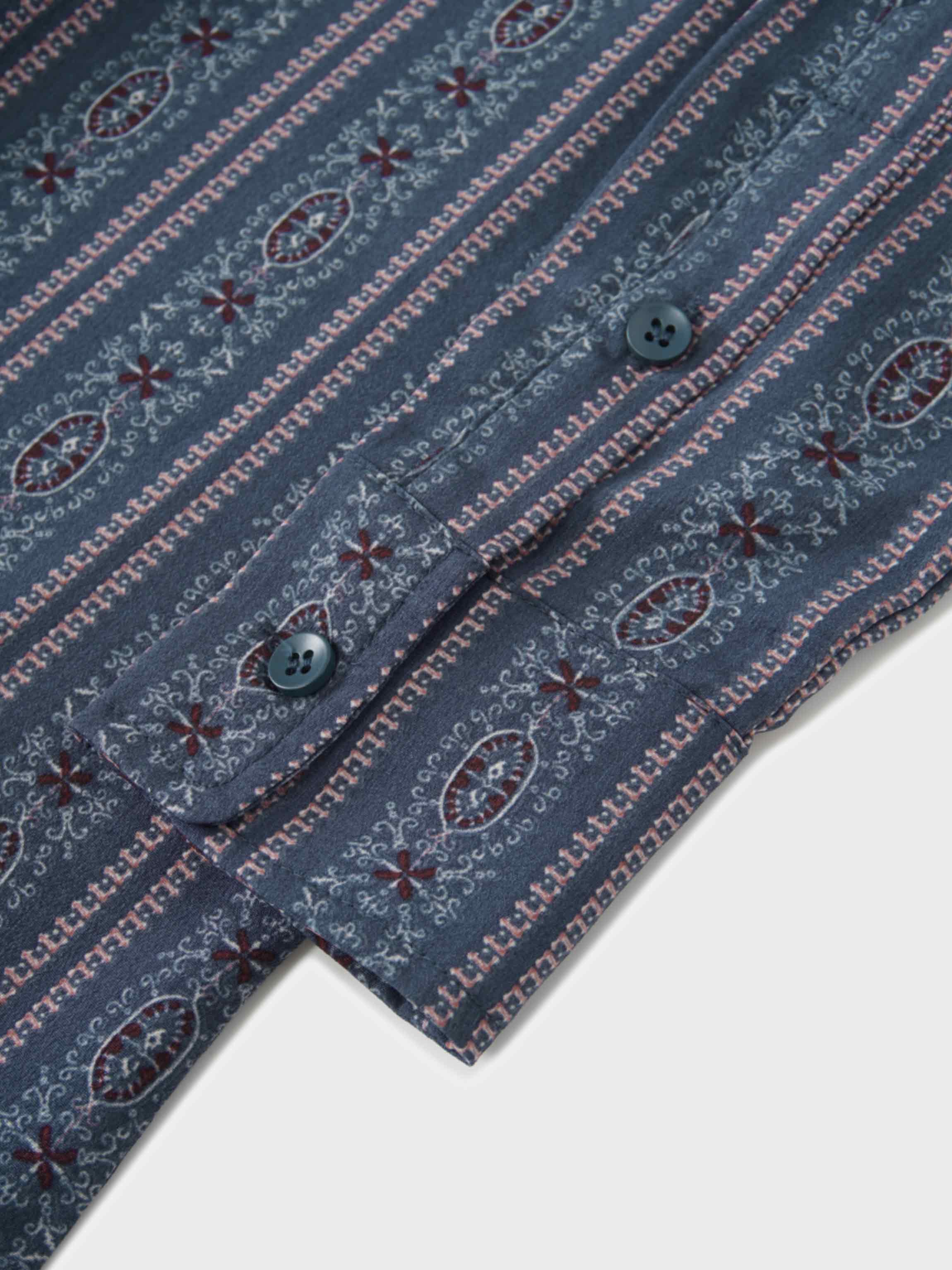 Button Down Flower Print Blouse-Blue Striped Medallion