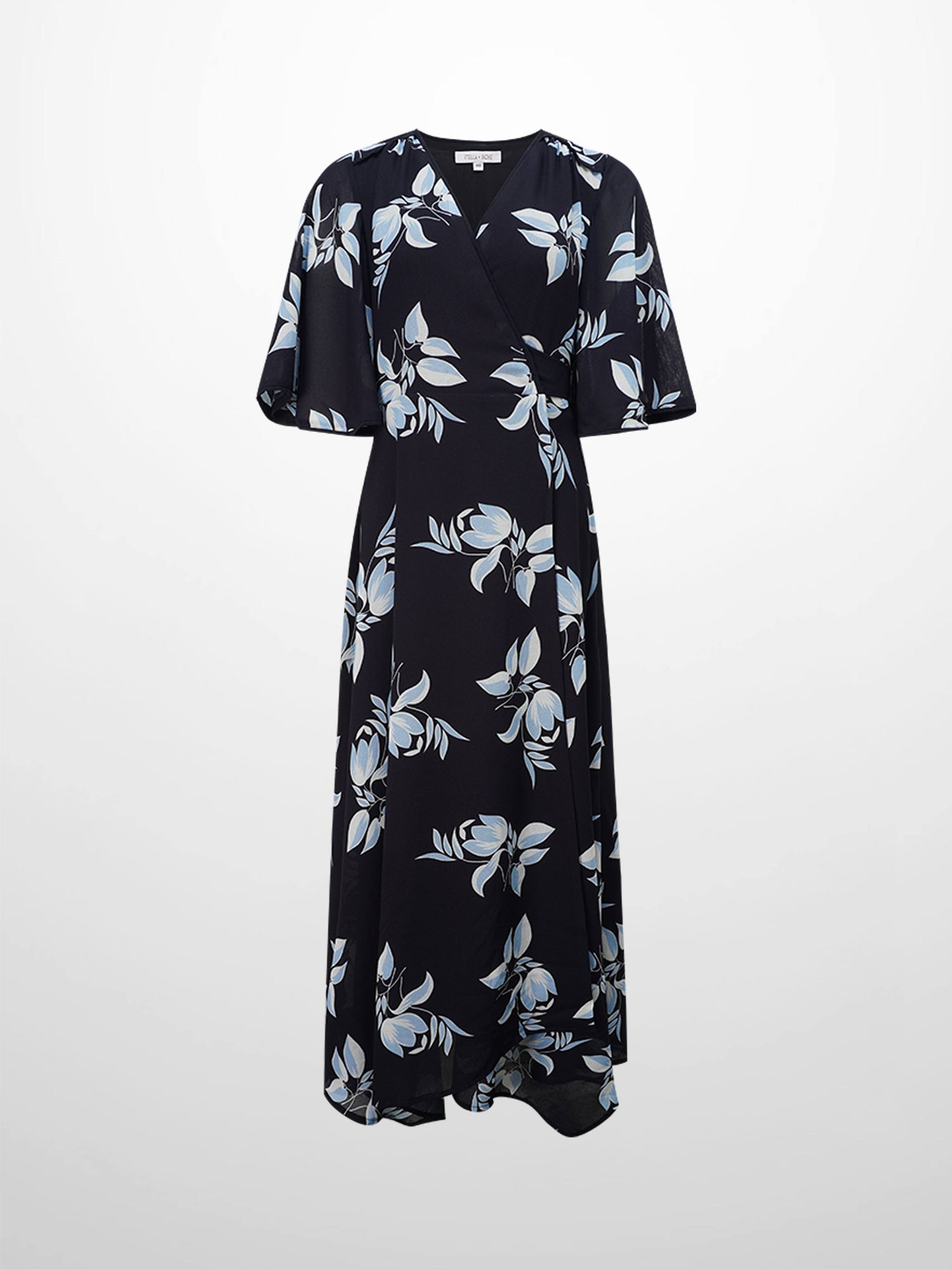 Flutter Sleeve Wrap Dress-Blue Flower