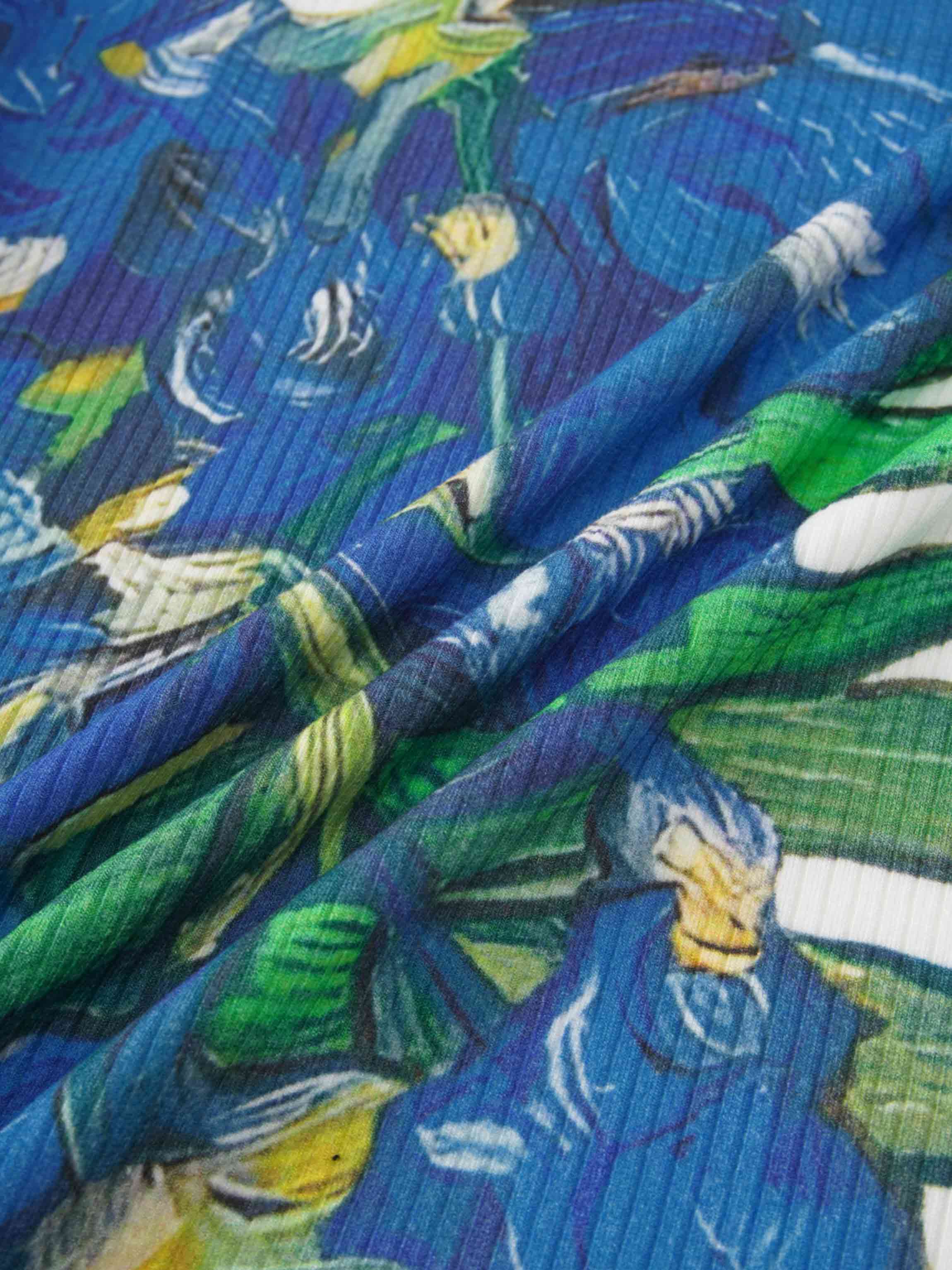 Printed Ribbed T-Shirts-Blue Floral