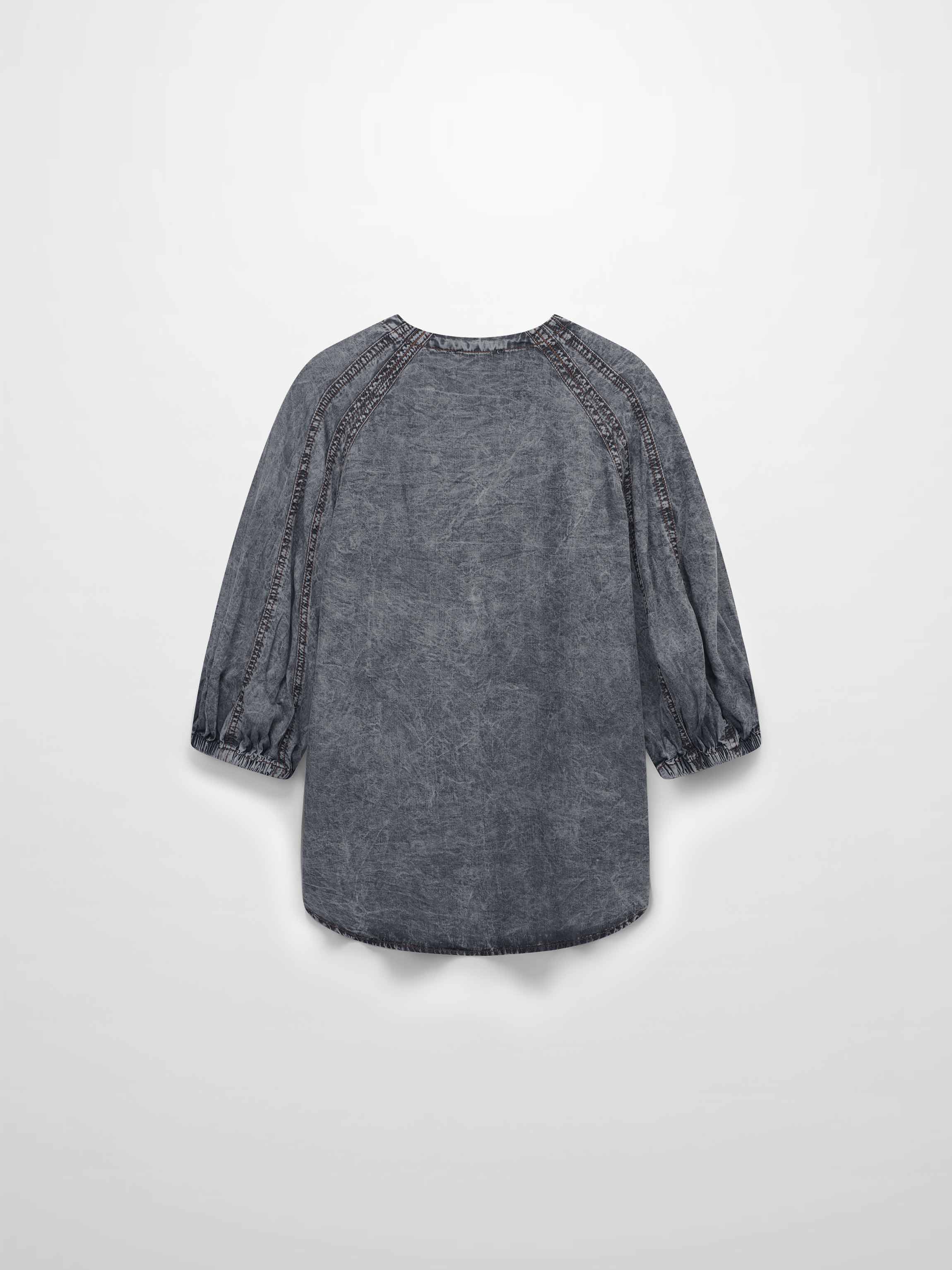 Puff Sleeve Washed Denim Blouse-Black