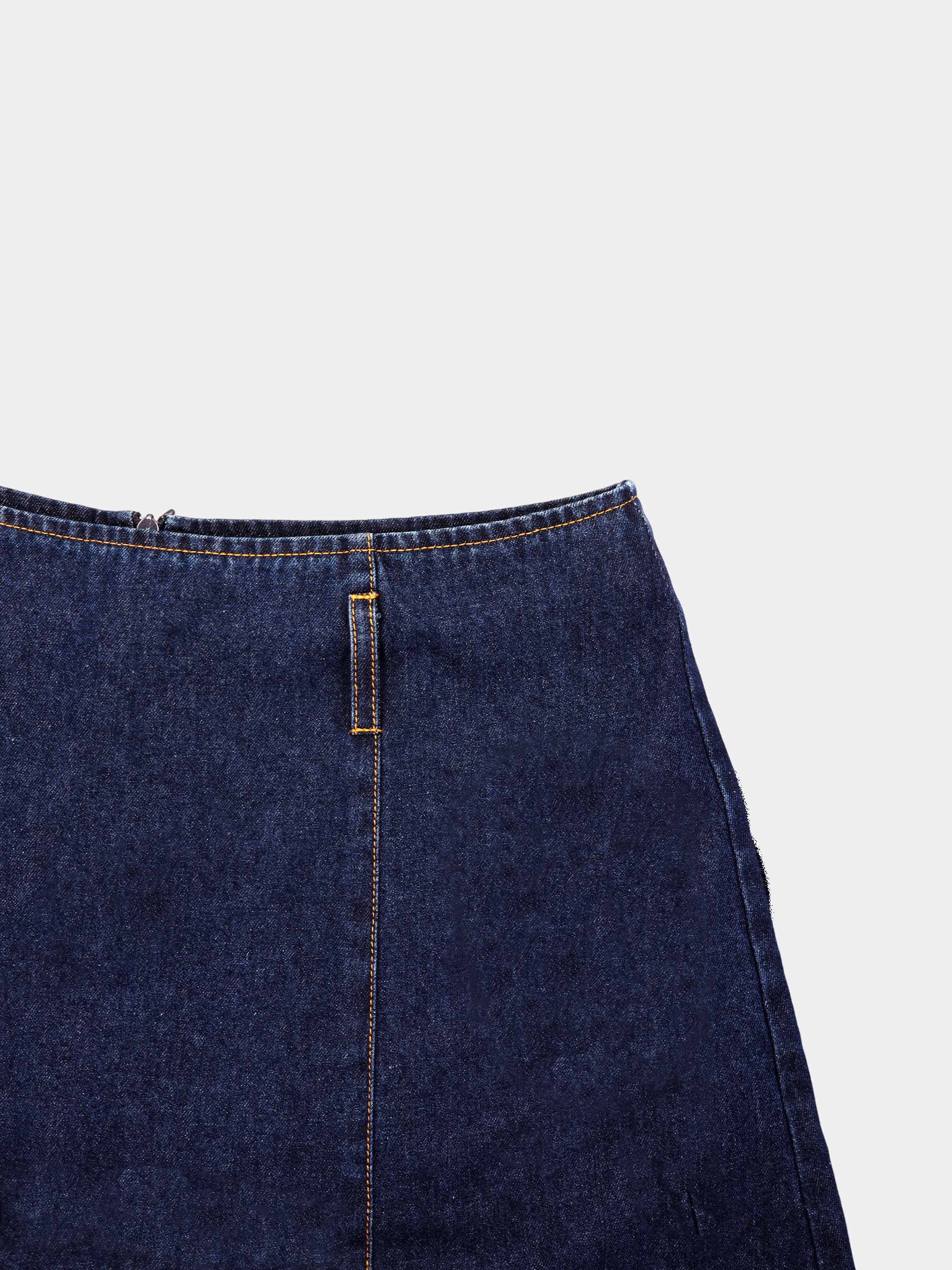 A-Line Seamed Denim Skirt-Blue