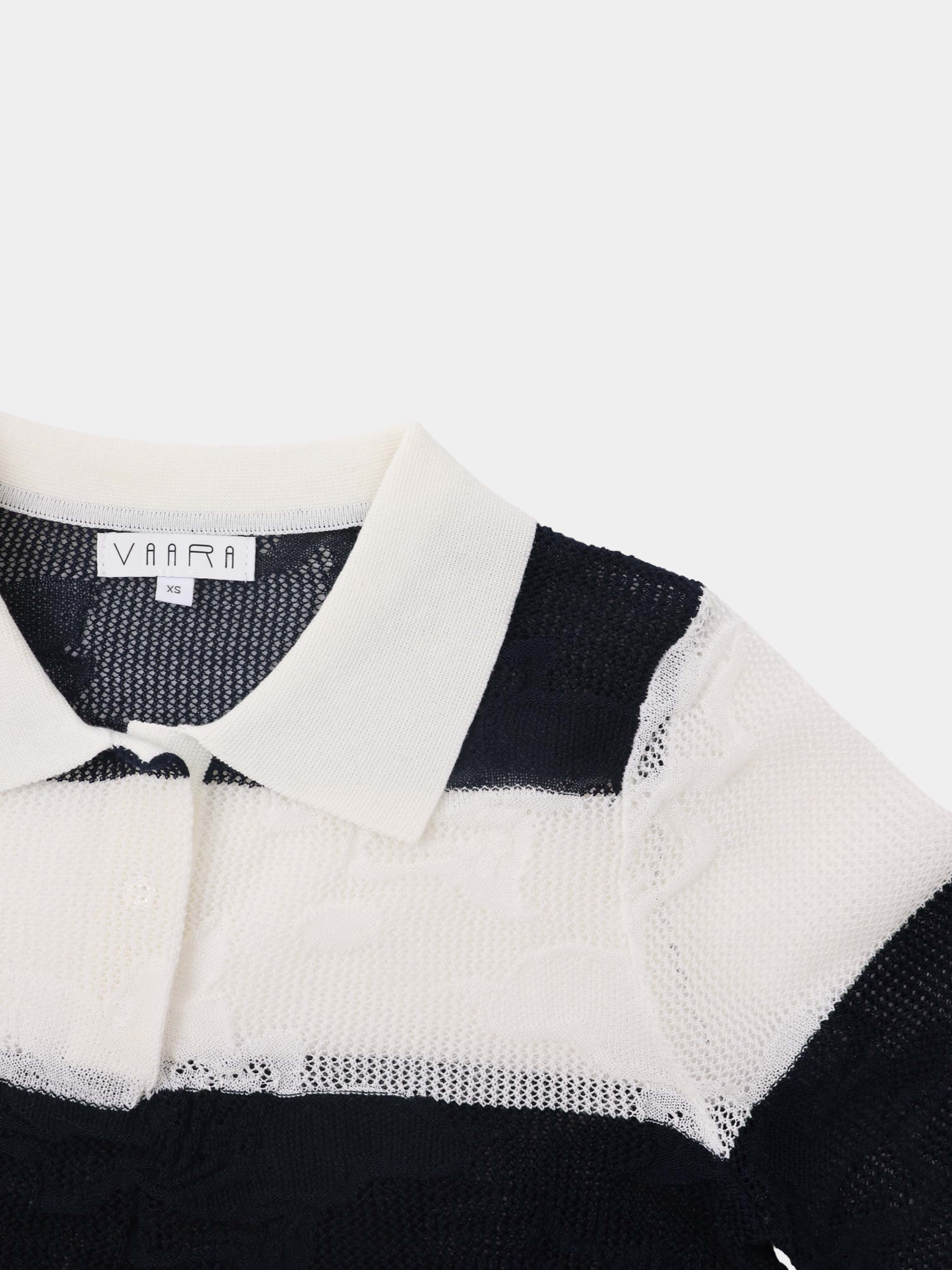 Mesh Floral Polo Top-Black/White Stripe