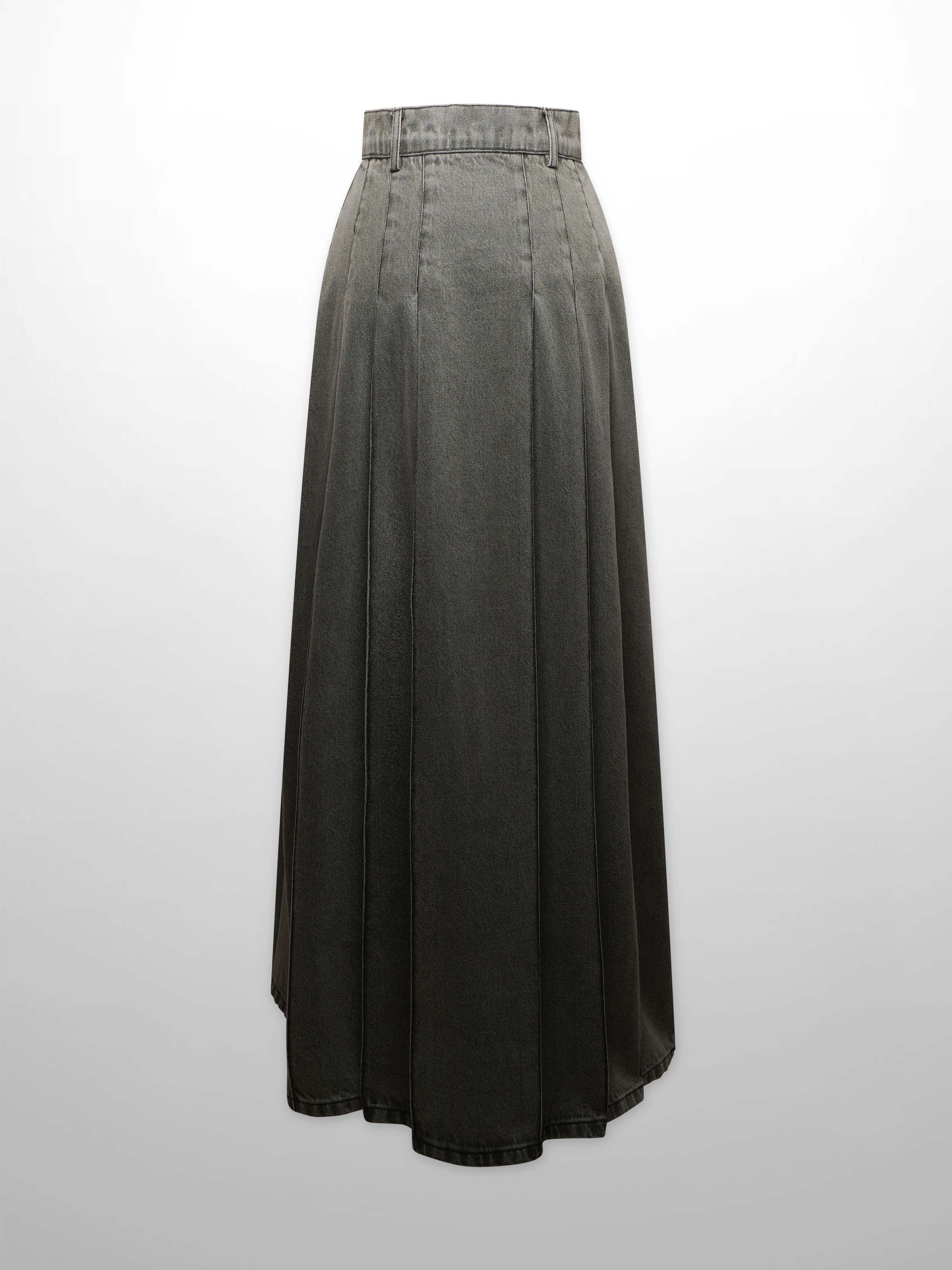 Stitched Pleated Denim Skirt-Grey