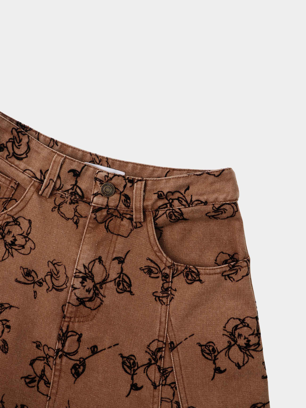 Printed Denim Flare Skirt - Brown/Black Floral