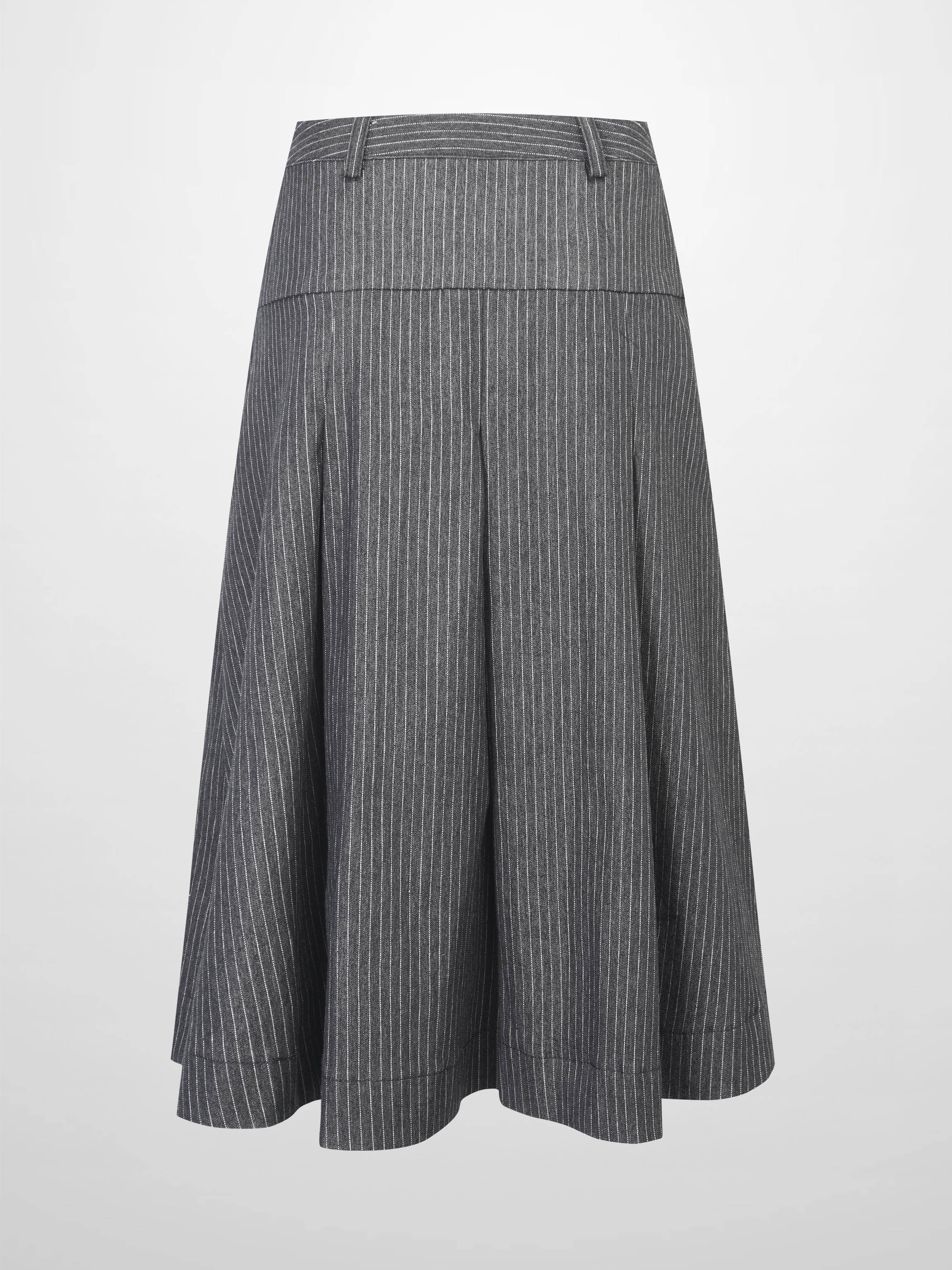 Yoke Pleated Denim Skirt-Black Pinstripe