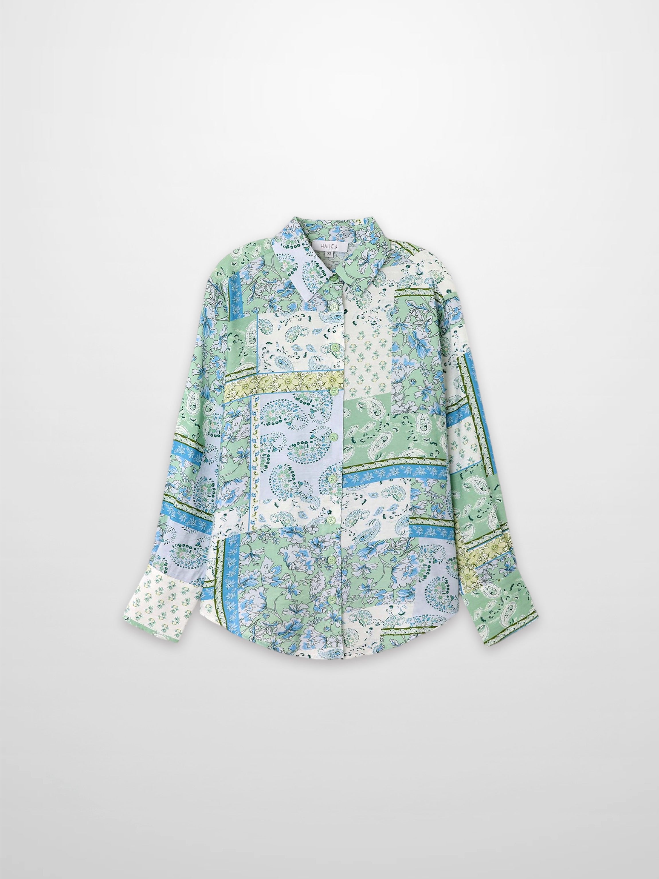 Button Down Collared Blouse-Blue/Mint Bandana