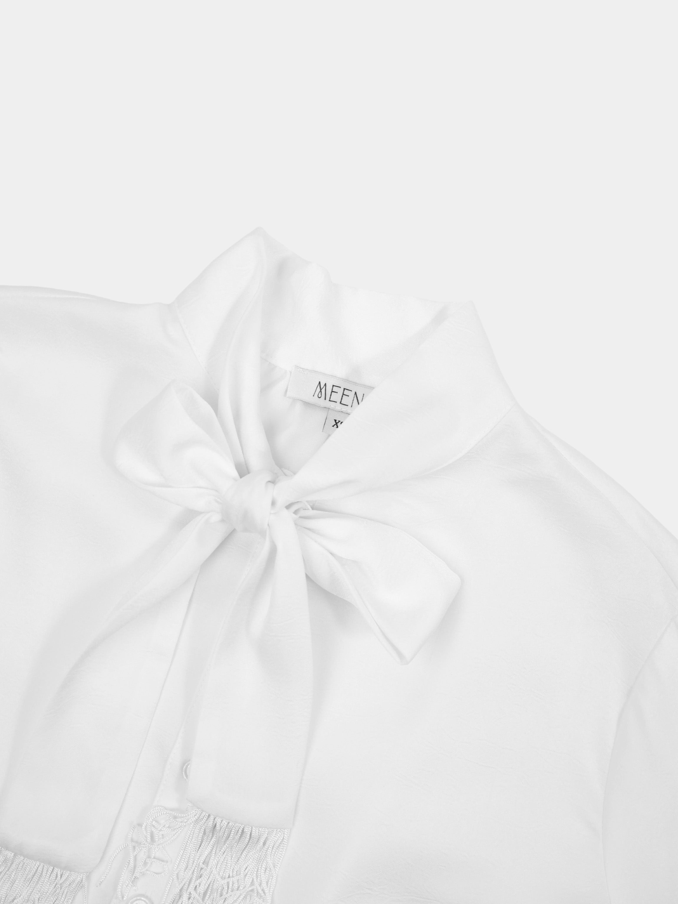 Fringe Bow Blouse-White