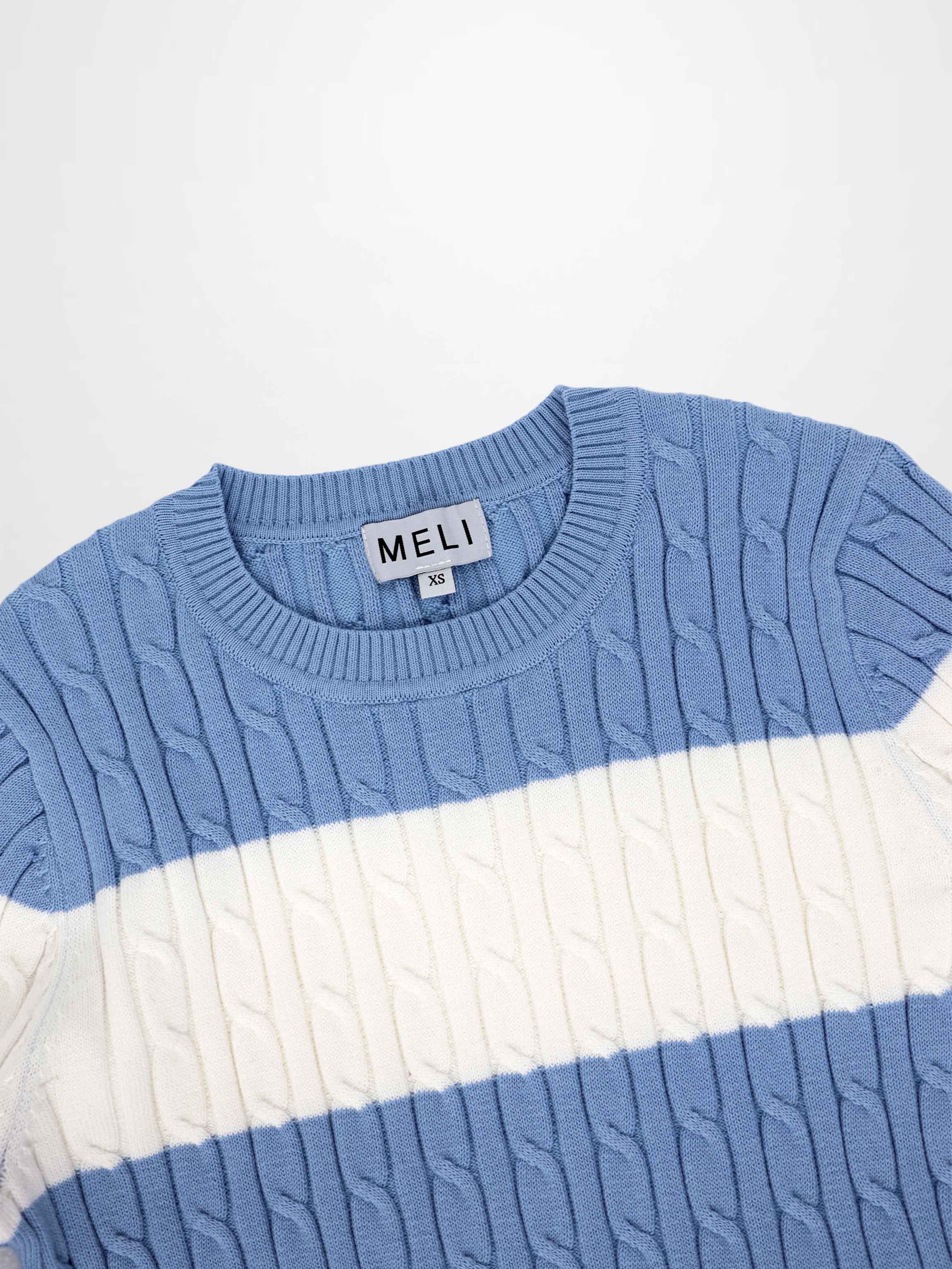 Striped Cable Sweater-Dusty Blue/White