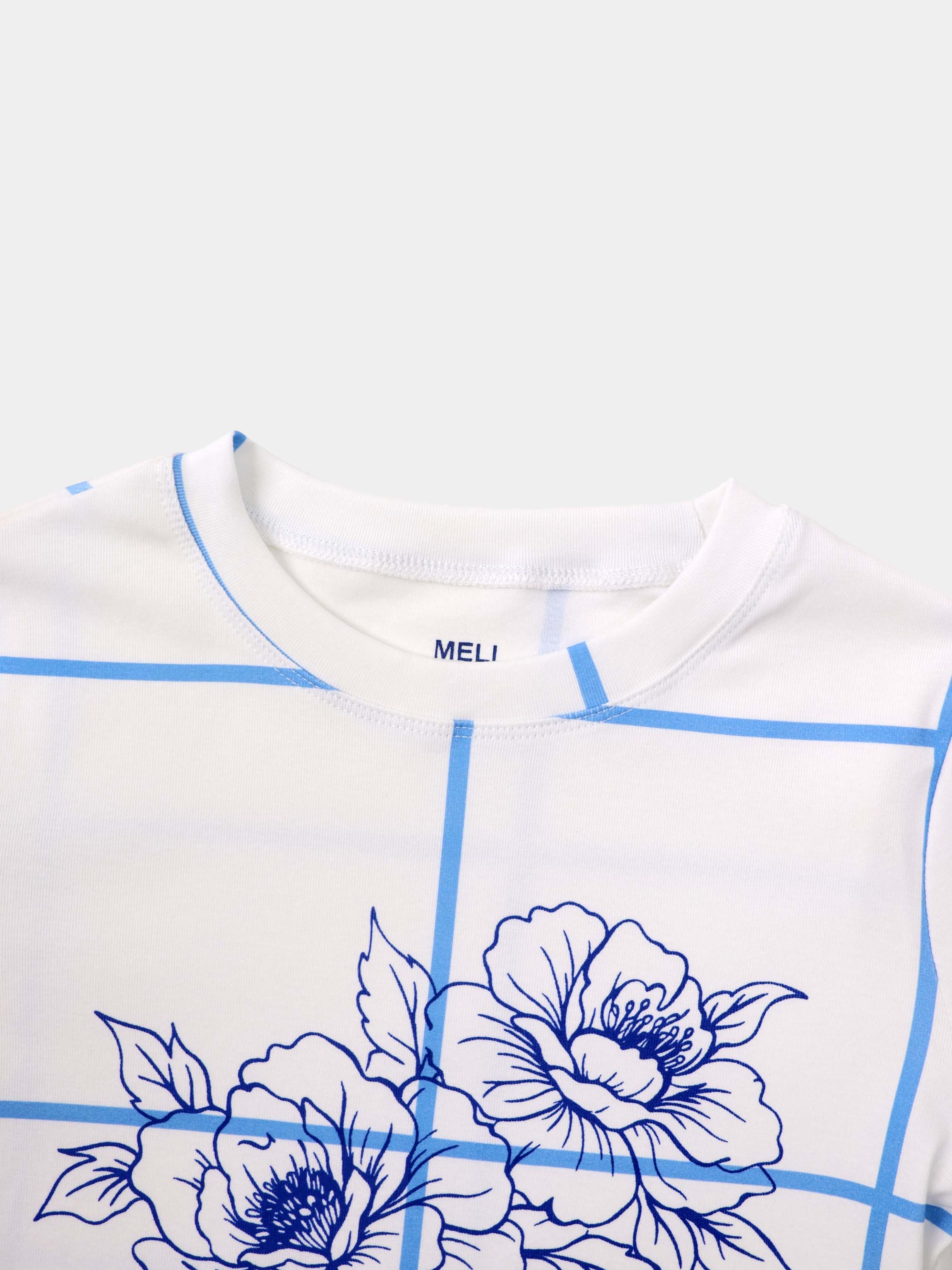 Basic Printed T-shirt-Floral Windowpane Blue