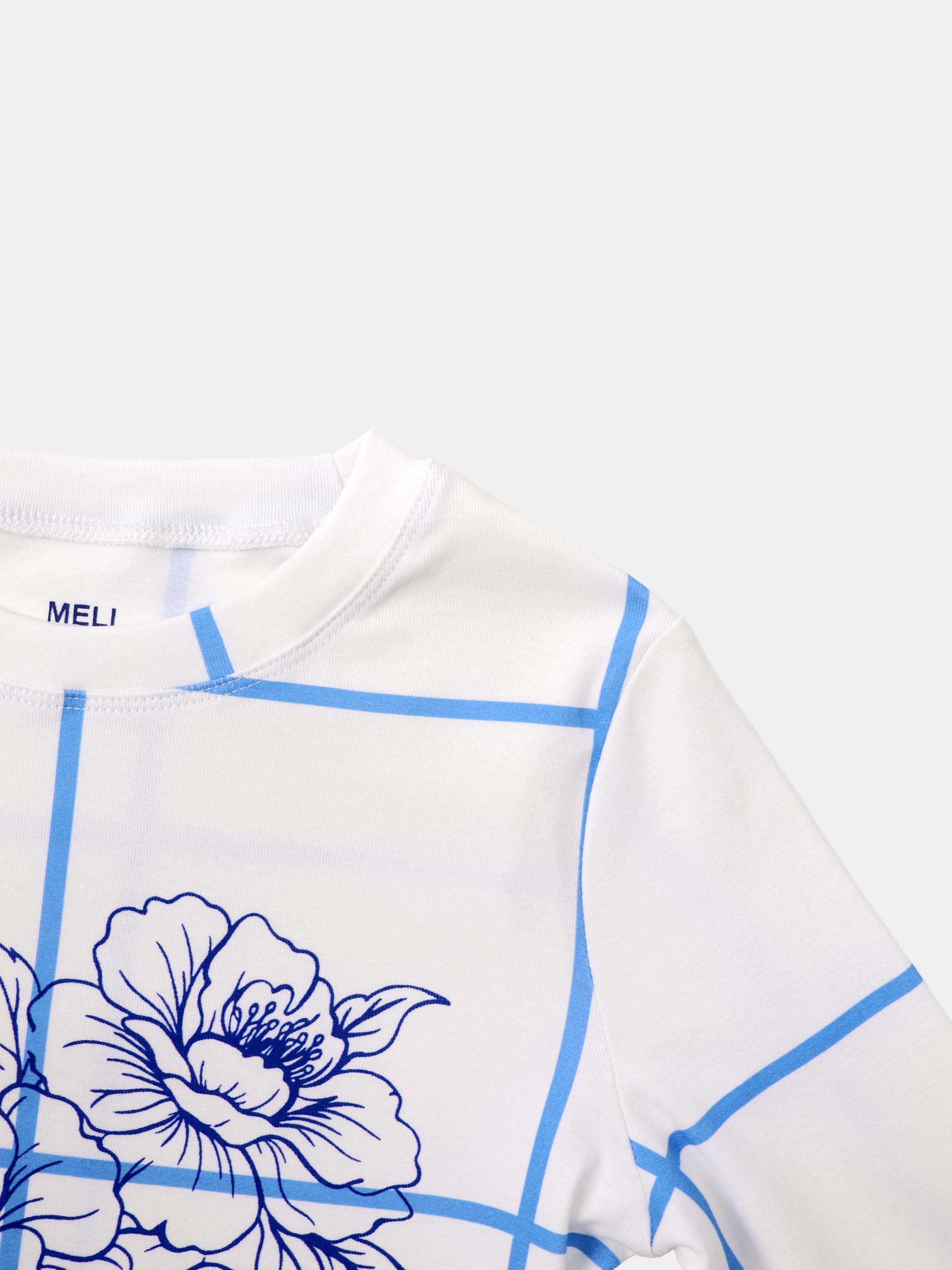 Basic Printed T-shirt-Floral Windowpane Blue