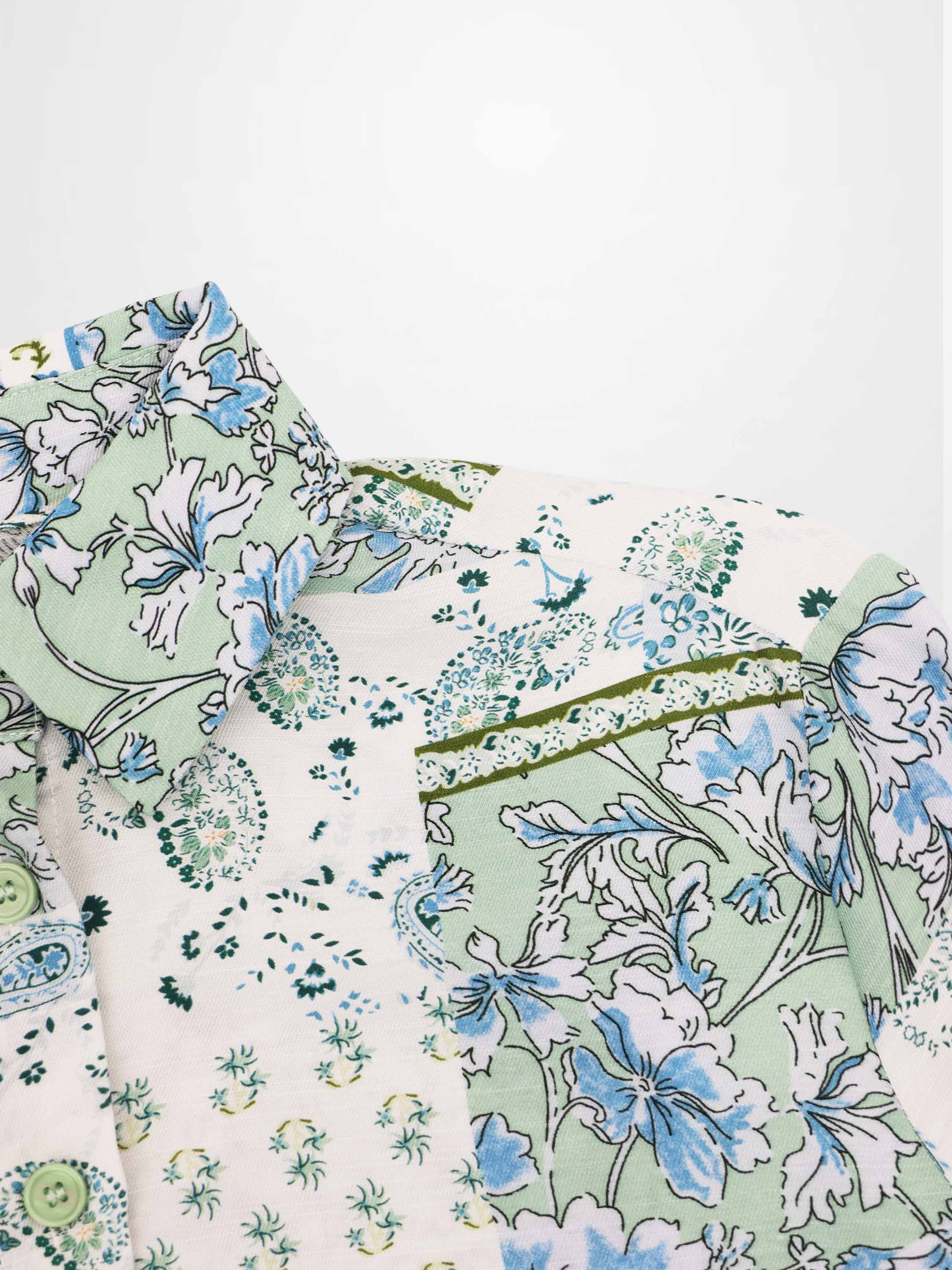 Button Down Collared Blouse-Blue/Mint Bandana