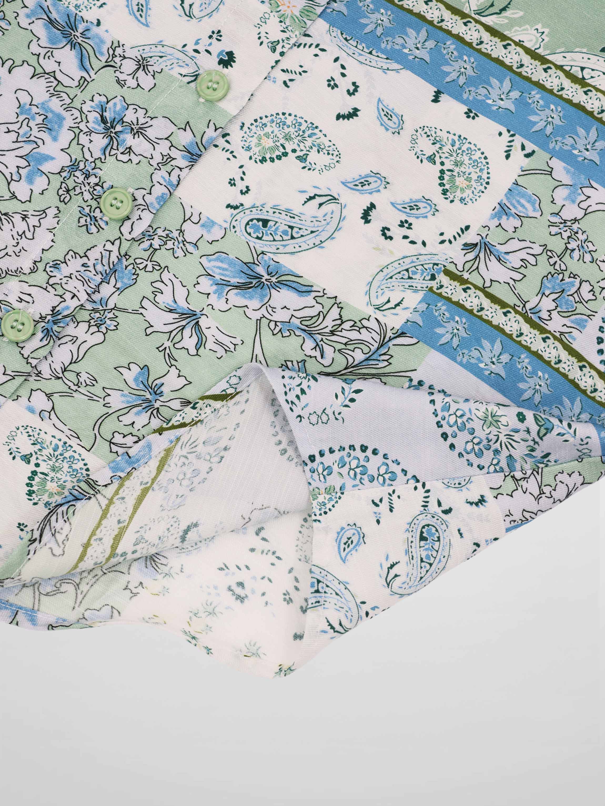 Button Down Collared Blouse-Blue/Mint Bandana