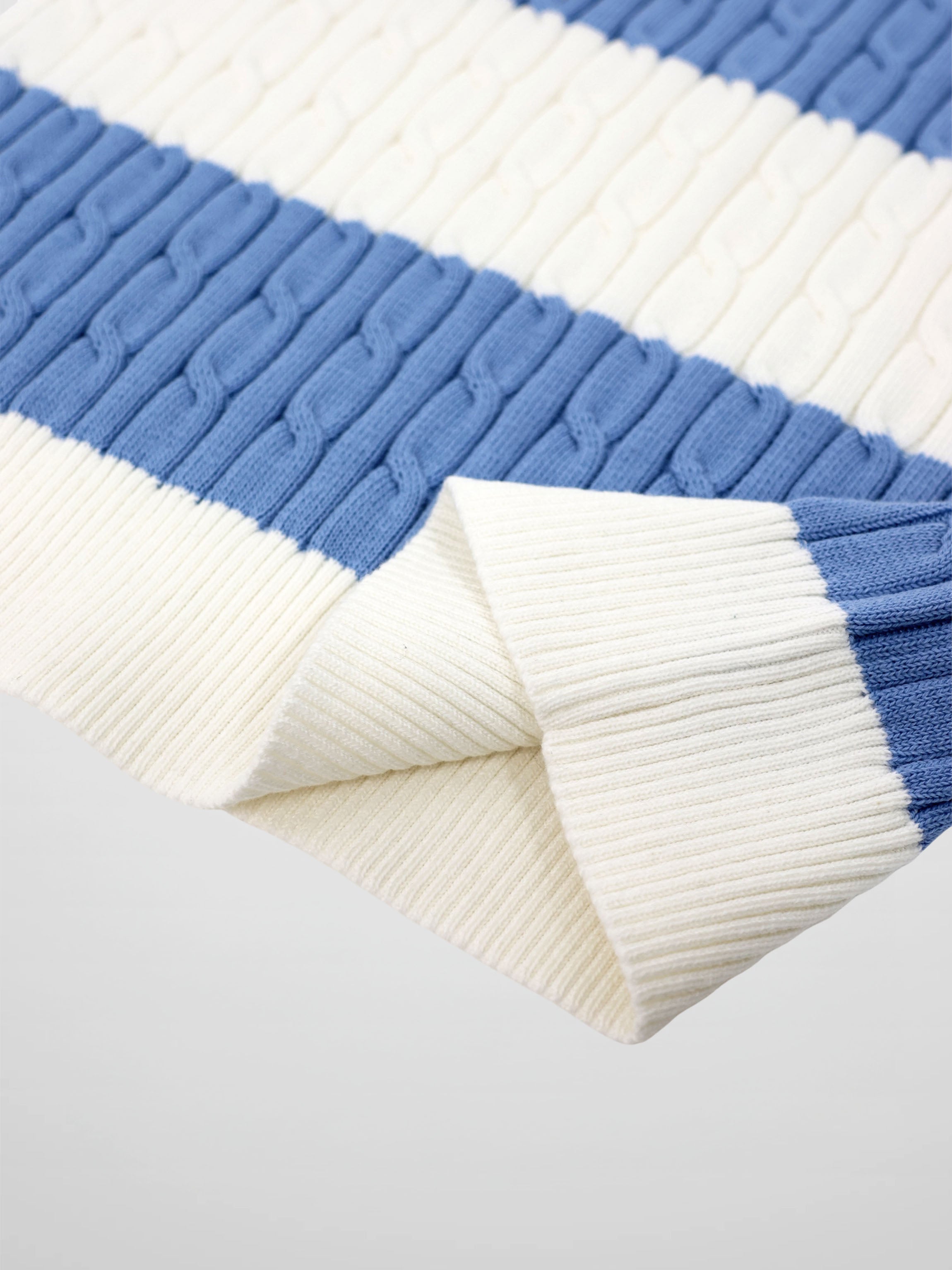 Striped Cable Sweater-Dusty Blue/White