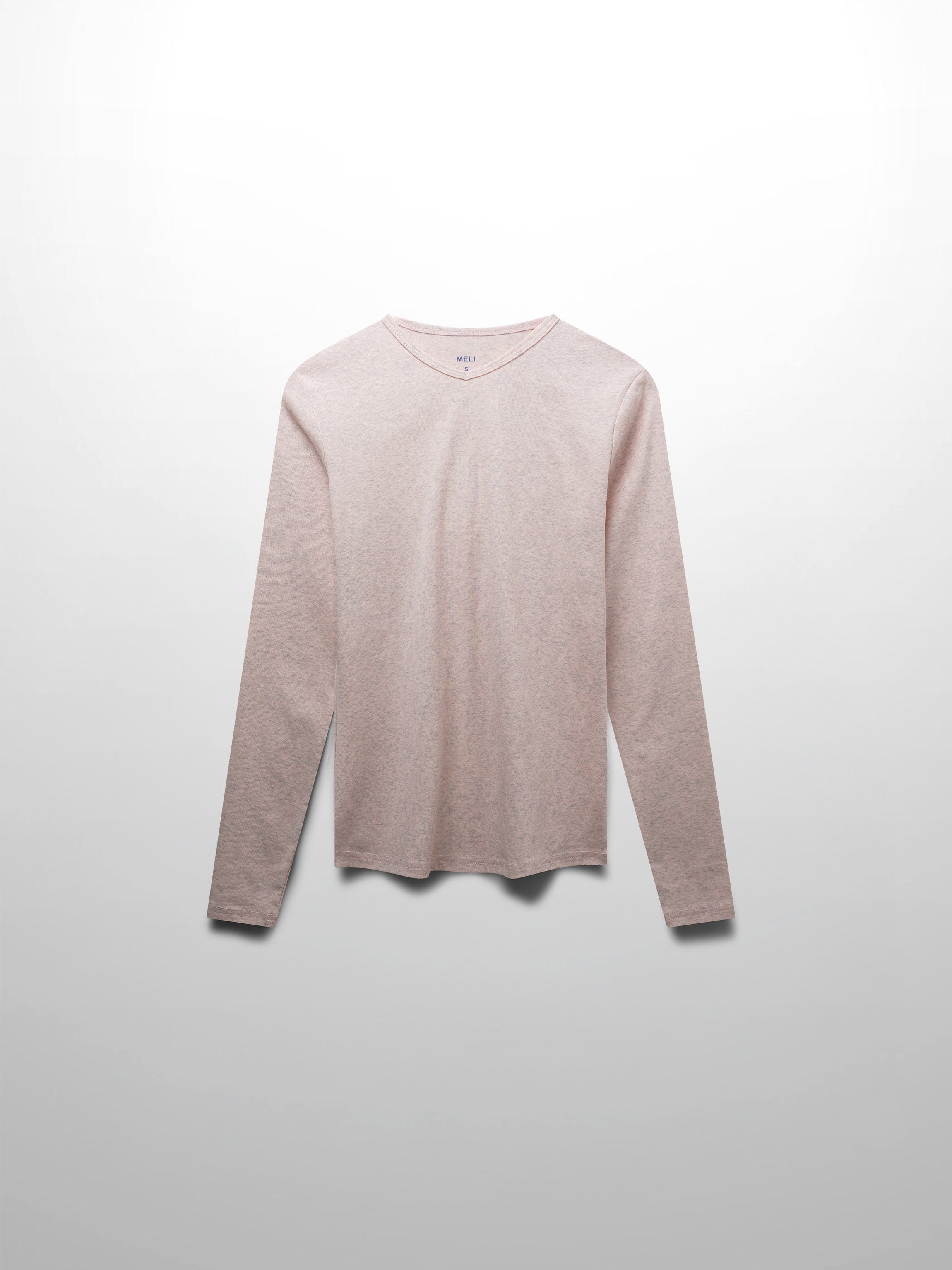 Basic High V Tee Long Sleeve-Heathered Pink/Grey