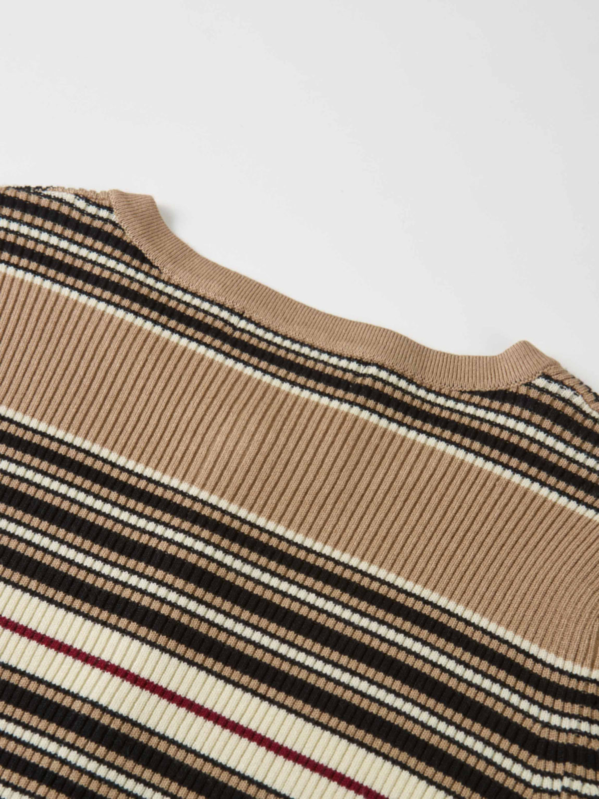 Ribbed Crew Knit Cardigan - Camel/Black Stripe