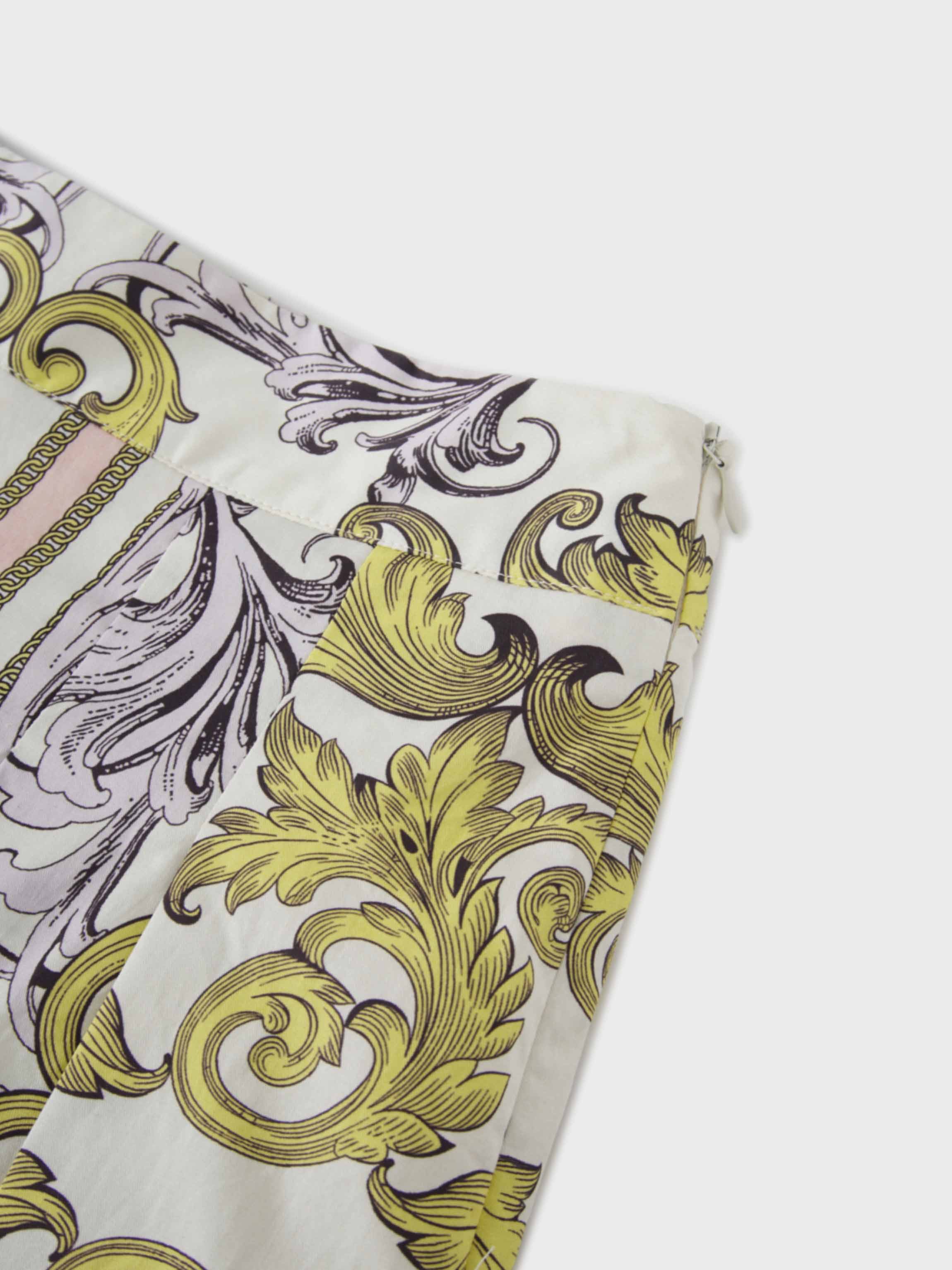 Printed Cotton Pleat Skirt-Yellow/Lavender