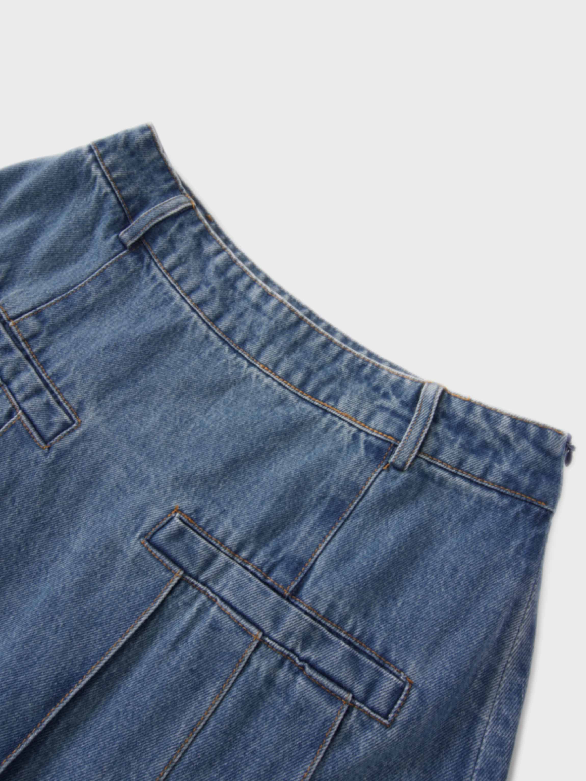 Pleat Pocket Tab Denim Skirt-Blue